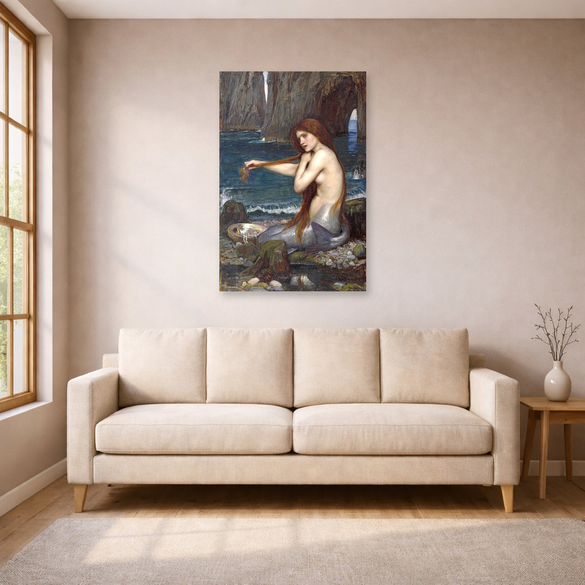 Unframed poster print of John William Waterhouse's A Mermaid displayed on a wall in a living room
