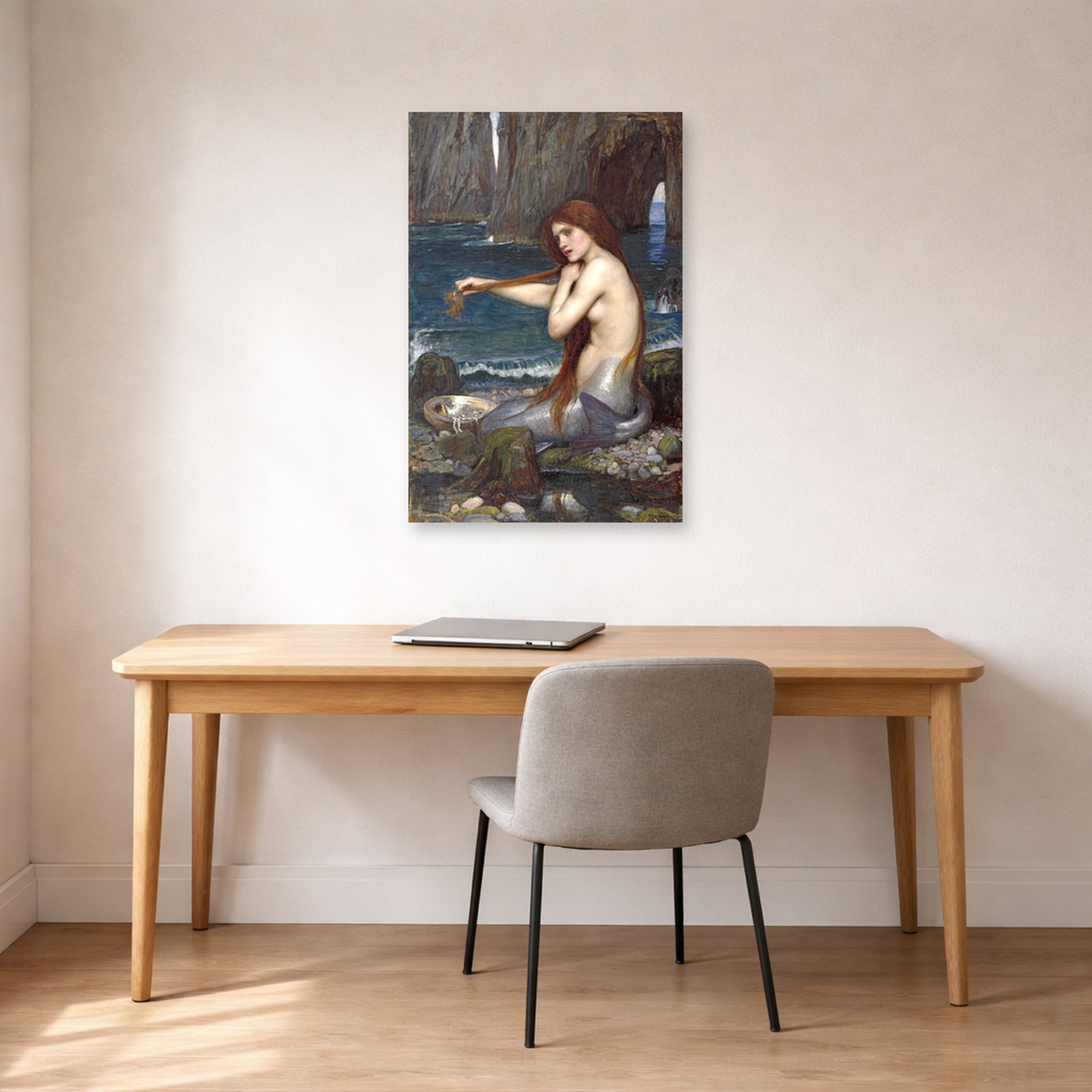 Unframed poster print of John William Waterhouse's A Mermaid displayed on a wall in a office