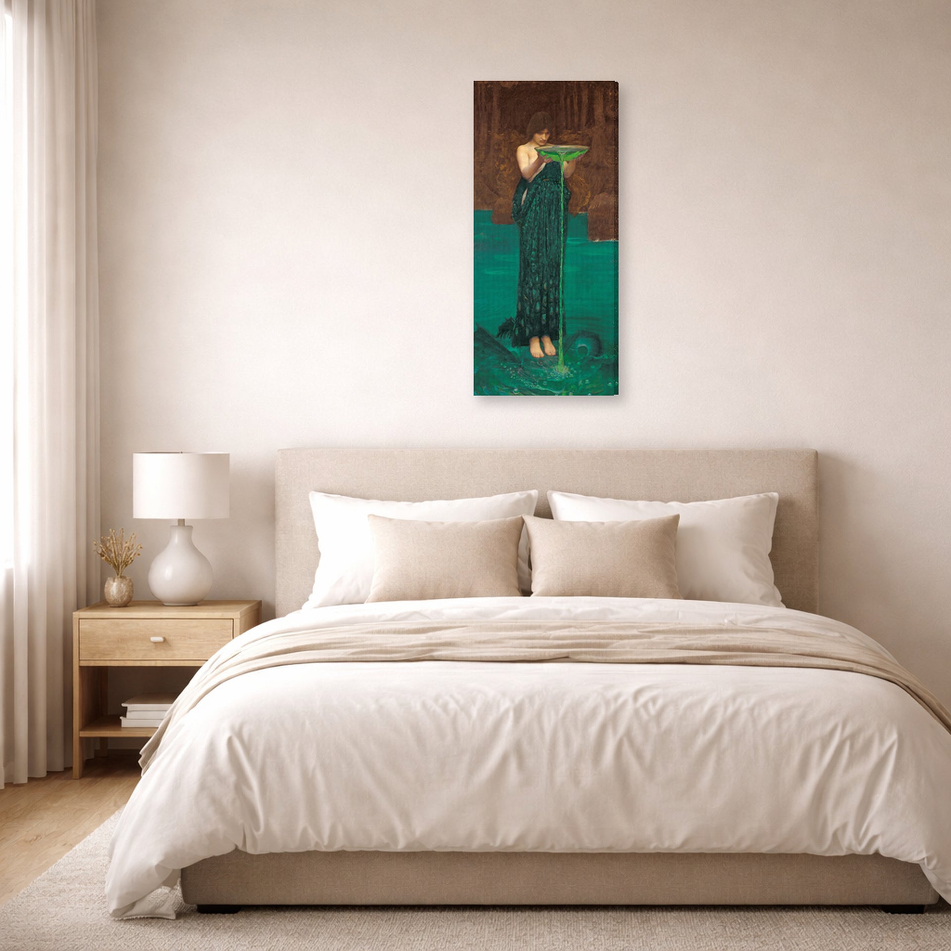 Gallery-wrapped canvas print of John William Waterhouse's Circe Invidiosa displayed on a wall in a bedroom