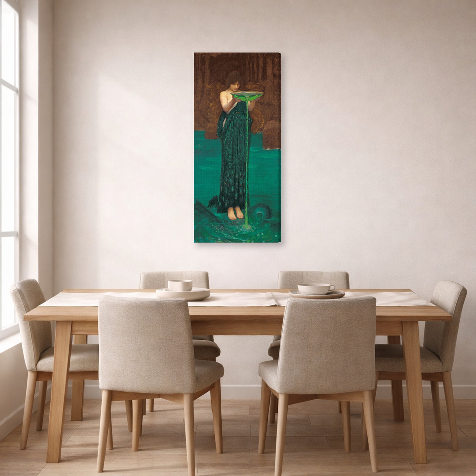 Gallery-wrapped canvas print of John William Waterhouse's Circe Invidiosa displayed on a wall in a dining room