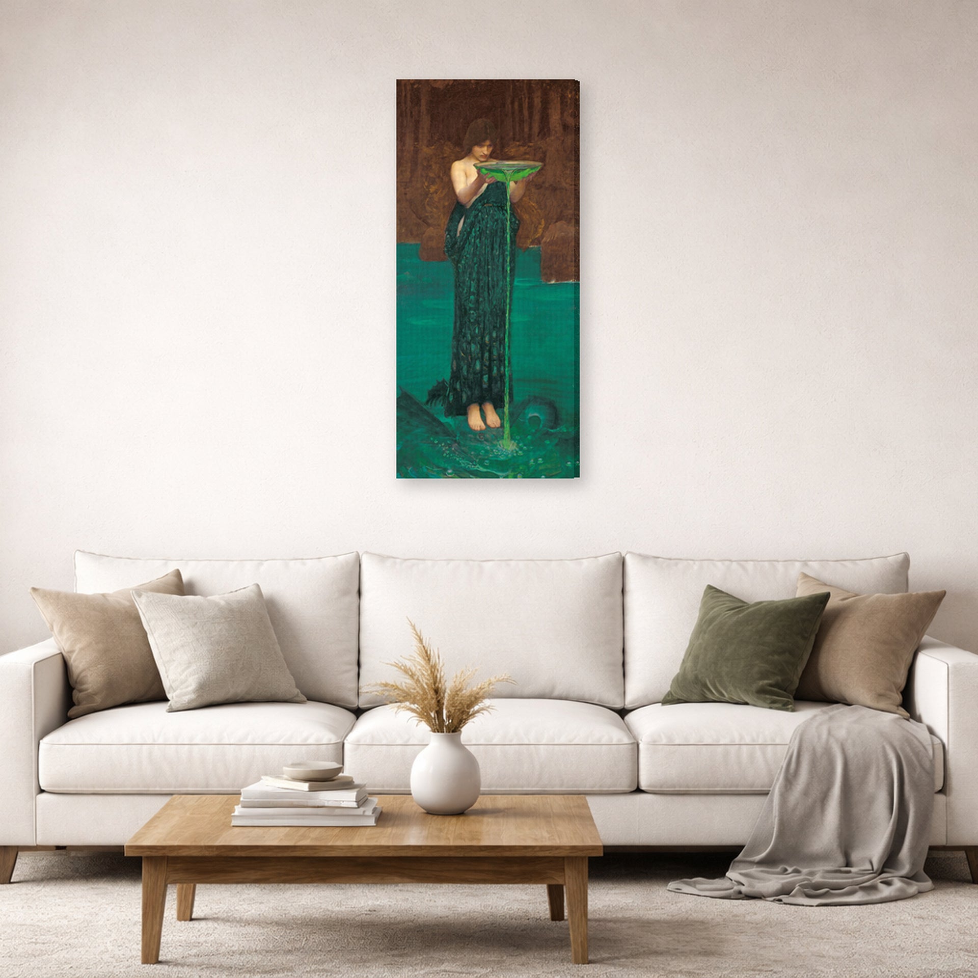 Gallery-wrapped canvas print of John William Waterhouse's Circe Invidiosa displayed on a wall in a living room