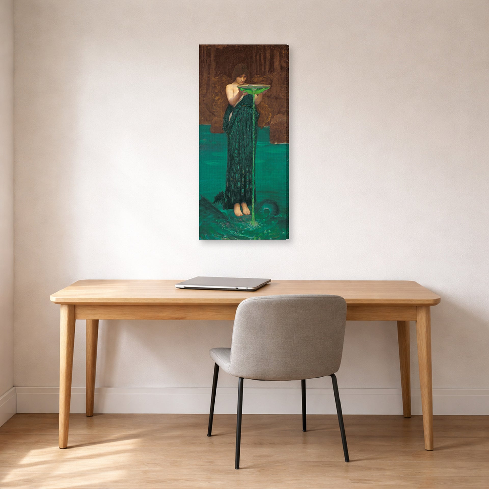 Gallery-wrapped canvas print of John William Waterhouse's Circe Invidiosa displayed on a wall in a office