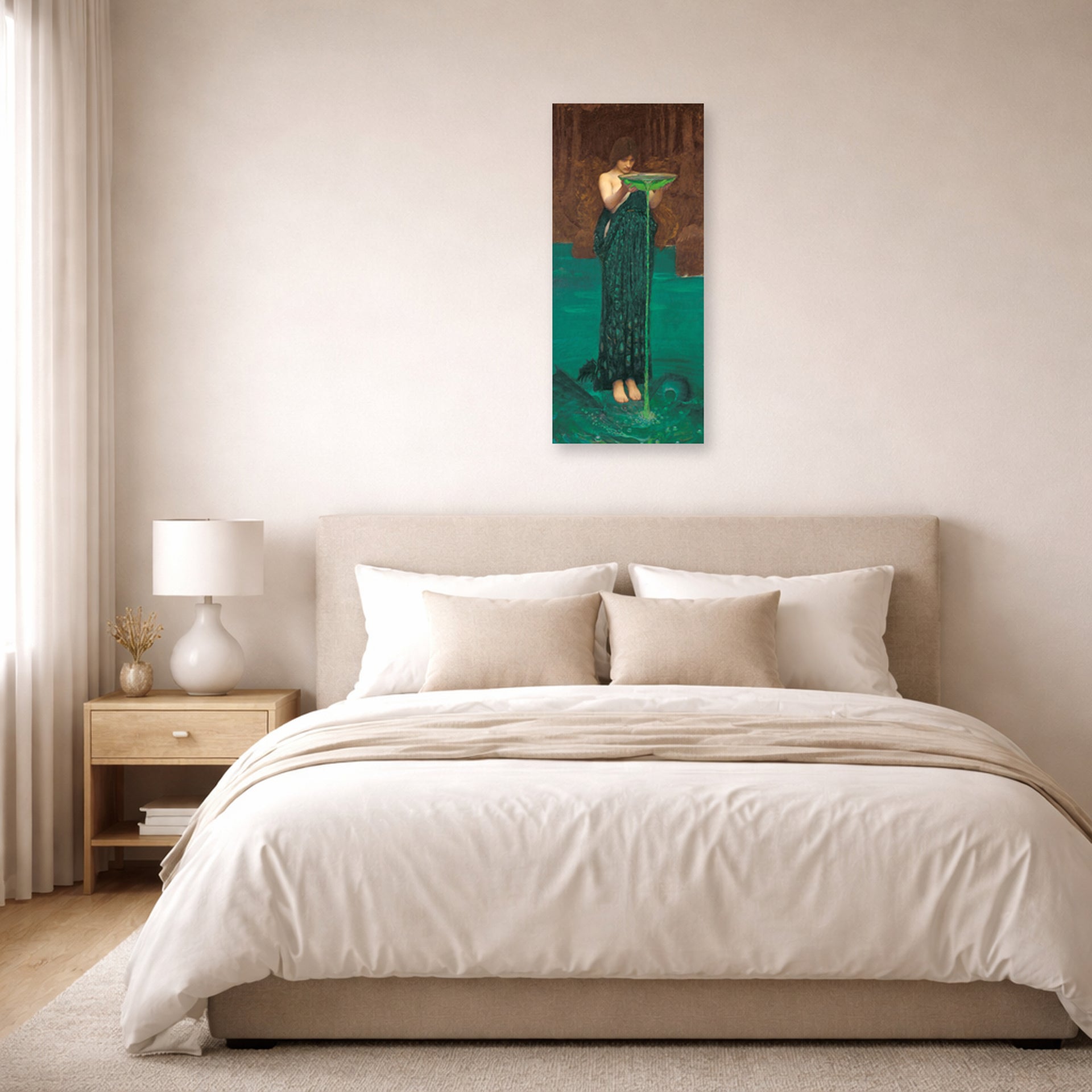Unframed poster print of John William Waterhouse's Circe Invidiosa displayed on a wall in a bedroom
