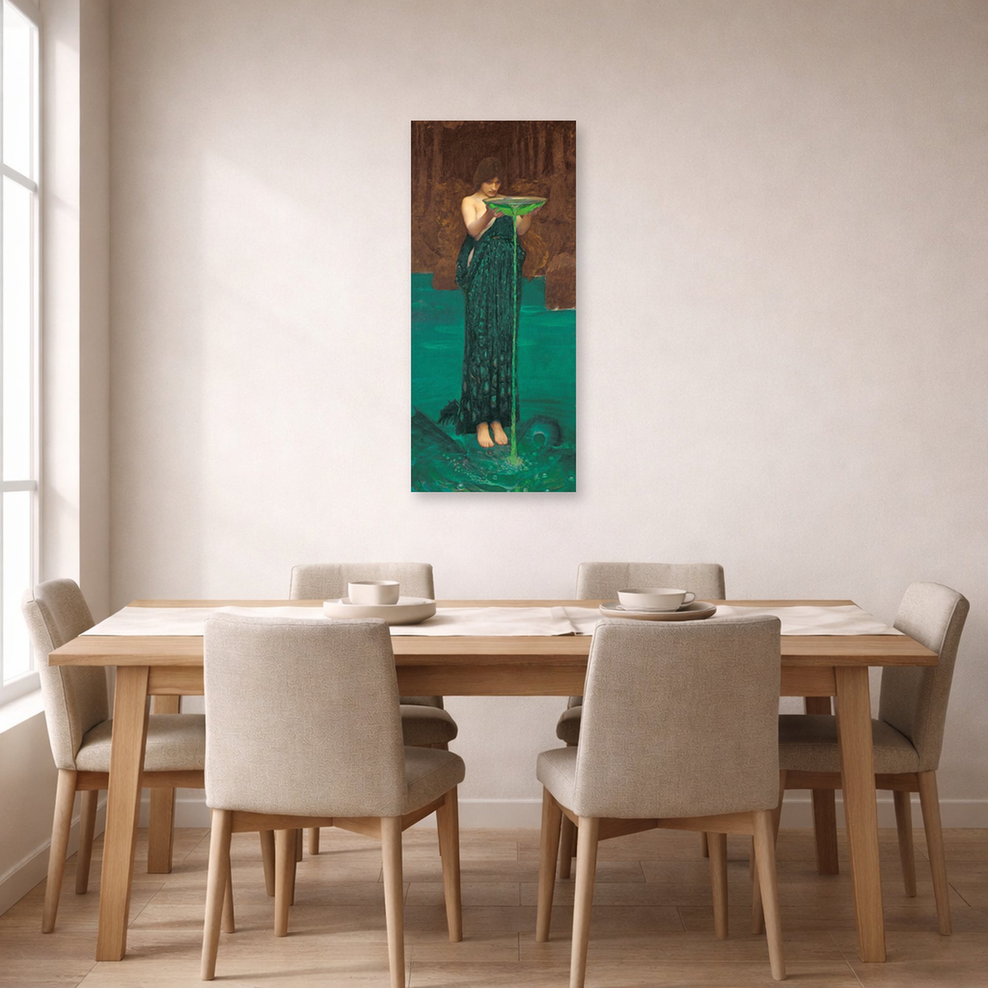Unframed poster print of John William Waterhouse's Circe Invidiosa displayed on a wall in a dining room