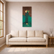 Unframed poster print of John William Waterhouse's Circe Invidiosa displayed on a wall in a living room