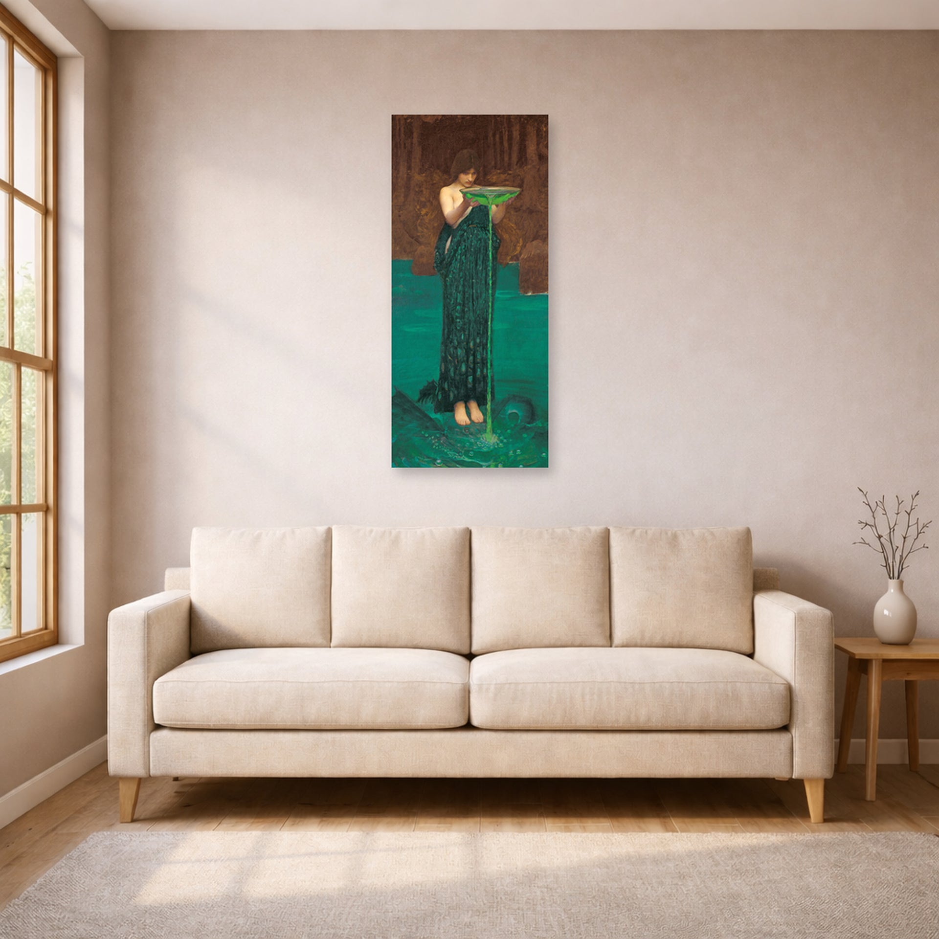 Unframed poster print of John William Waterhouse's Circe Invidiosa displayed on a wall in a living room