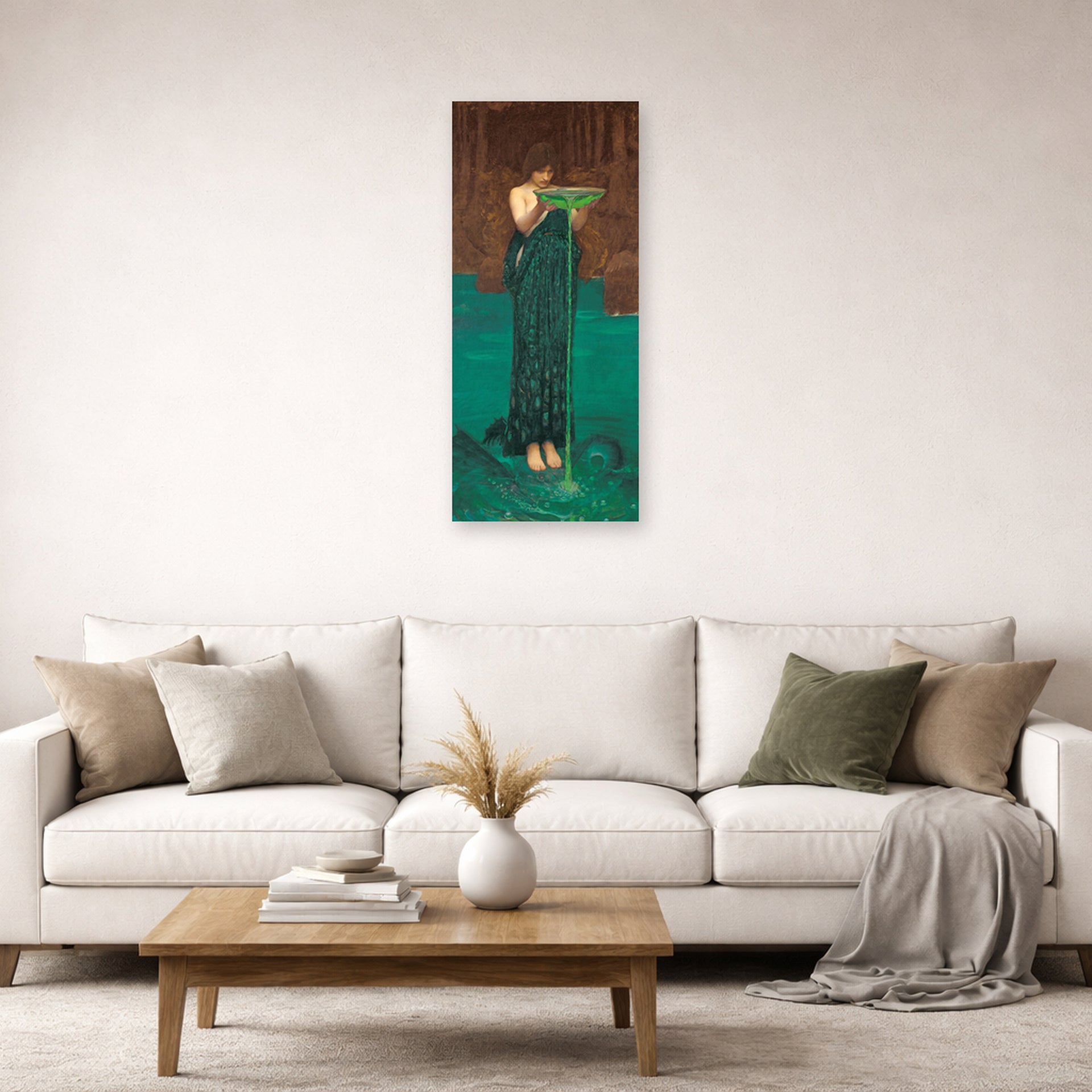 Unframed poster print of John William Waterhouse's Circe Invidiosa displayed on a wall in a living room