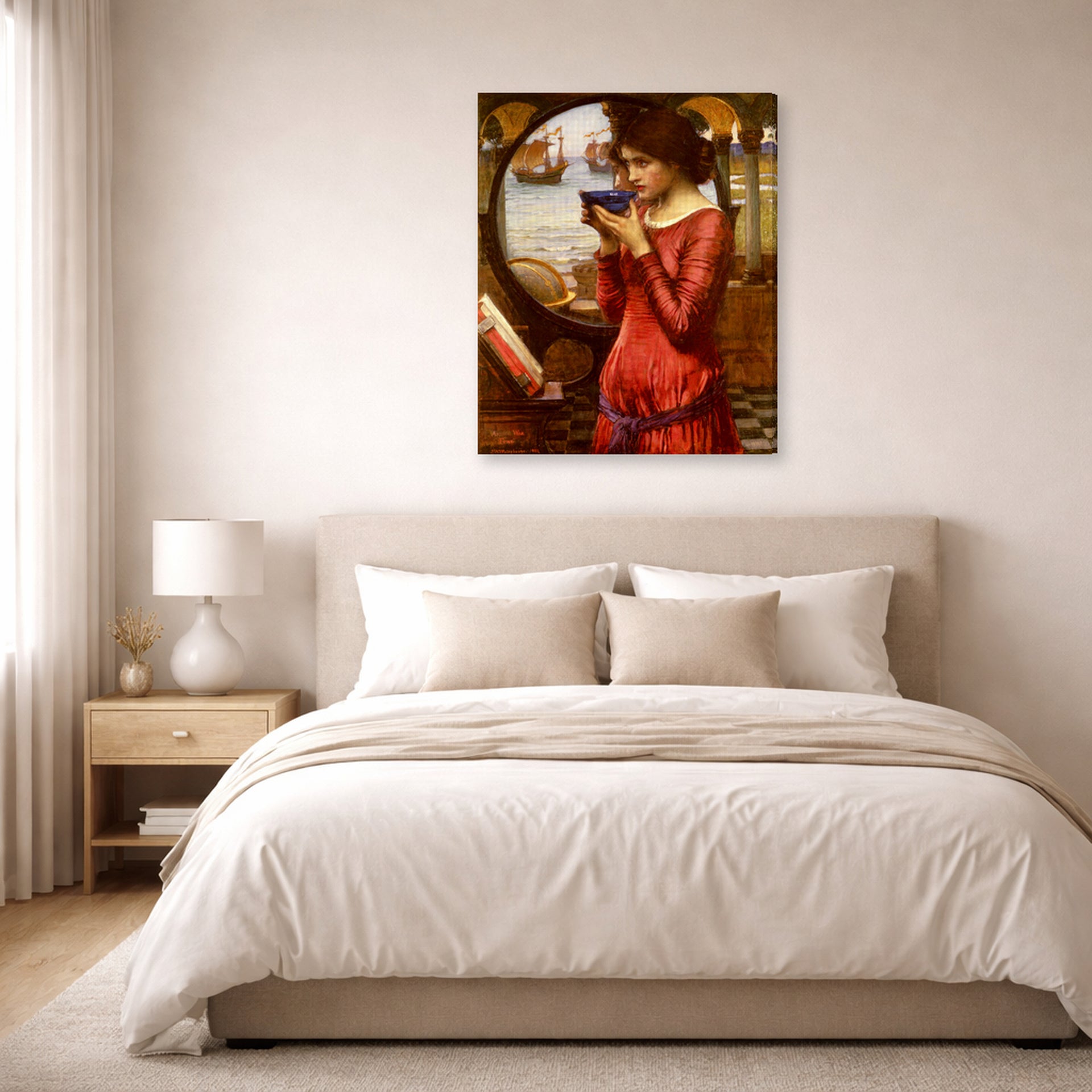 Gallery-wrapped canvas print of John William Waterhouse's Destiny displayed on a wall in a bedroom