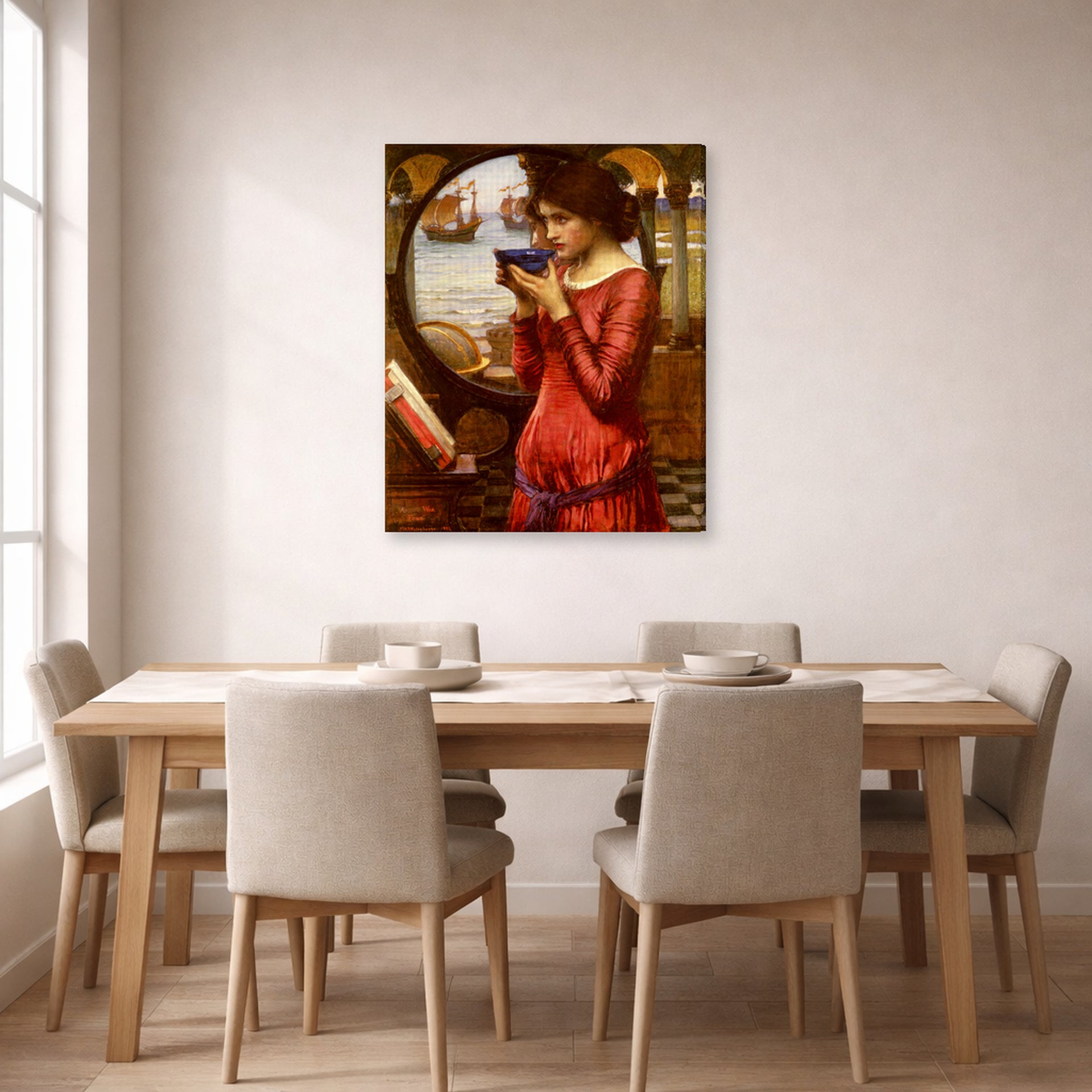 Gallery-wrapped canvas print of John William Waterhouse's Destiny displayed on a wall in a dining room