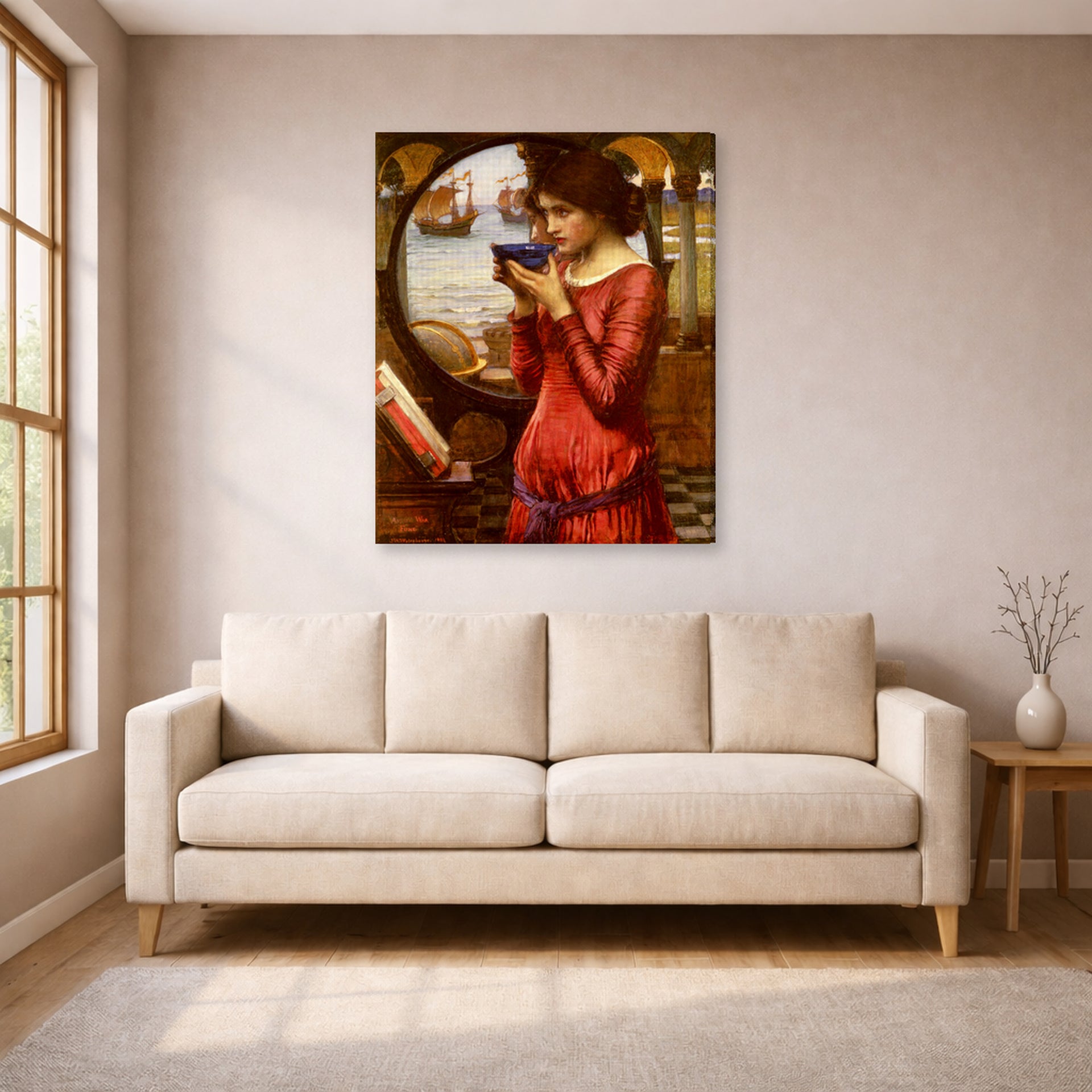 Gallery-wrapped canvas print of John William Waterhouse's Destiny displayed on a wall in a living room