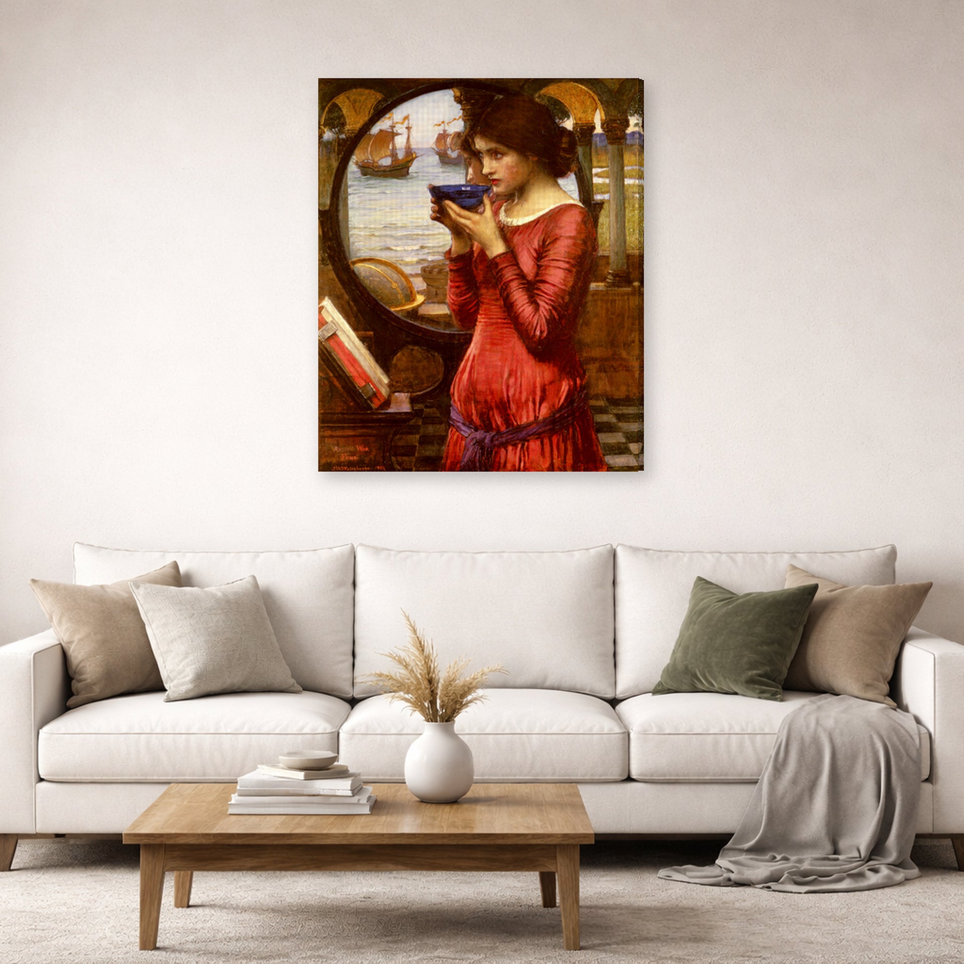 Gallery-wrapped canvas print of John William Waterhouse's Destiny displayed on a wall in a living room