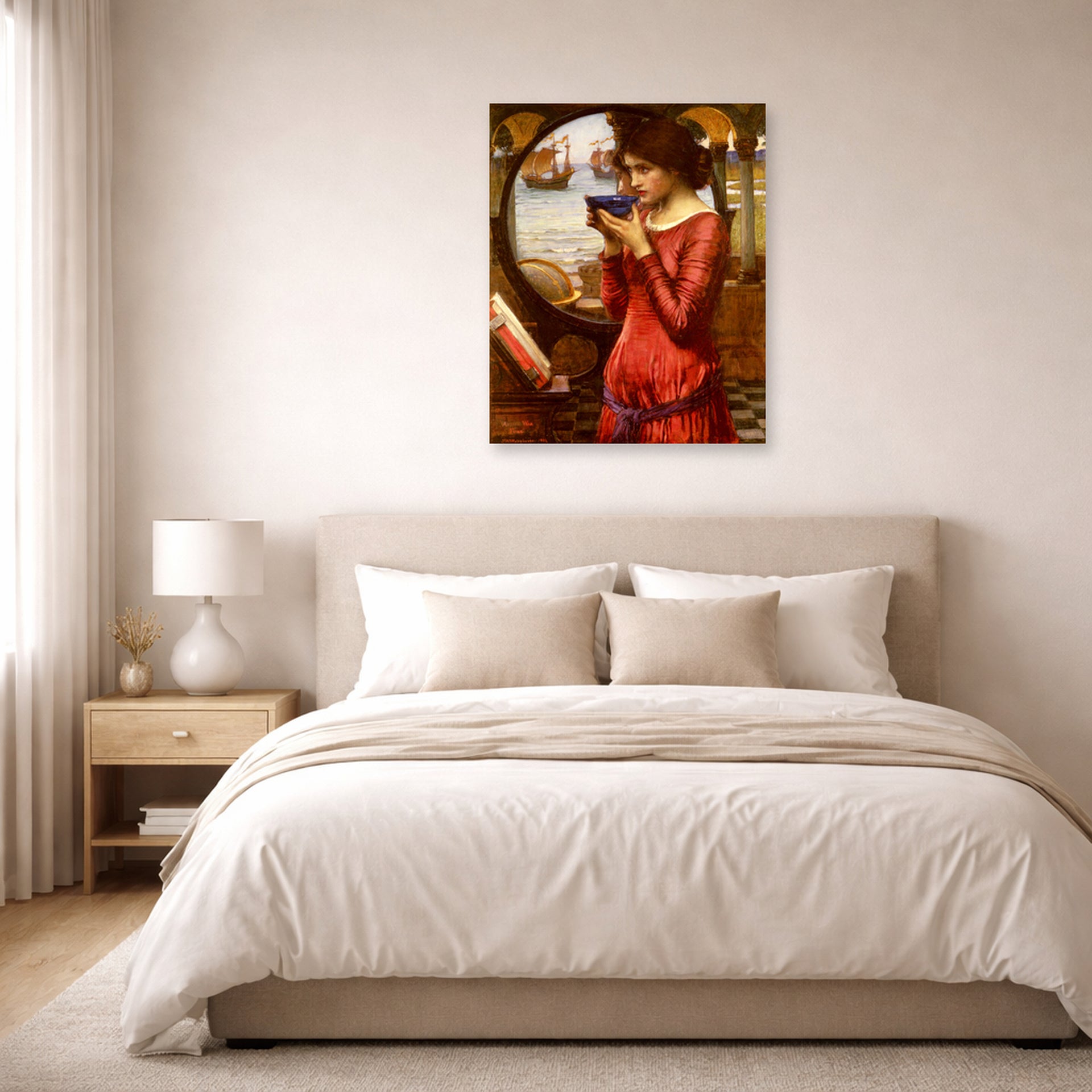 Unframed poster print of John William Waterhouse's Destiny displayed on a wall in a bedroom