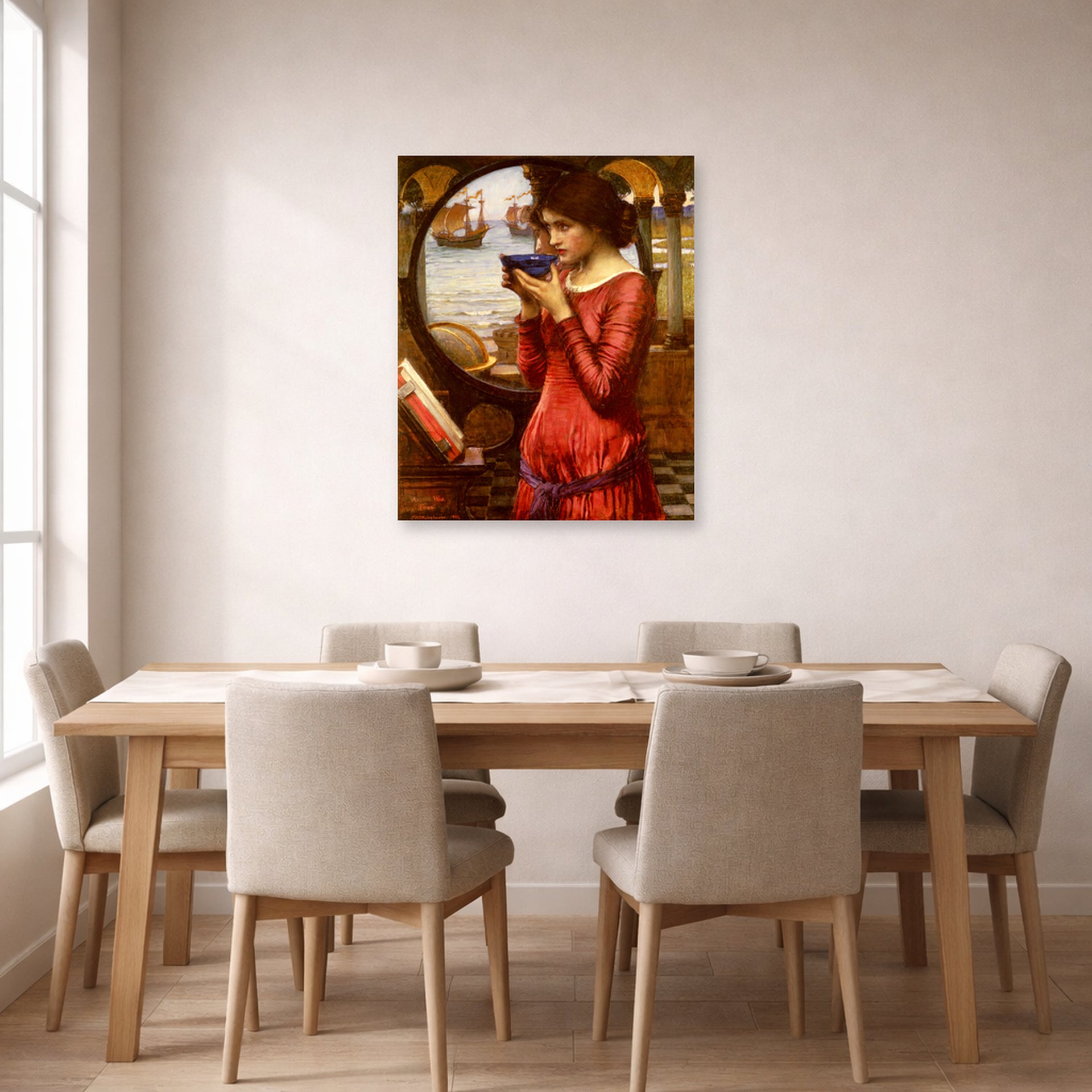 Unframed poster print of John William Waterhouse's Destiny displayed on a wall in a dining room