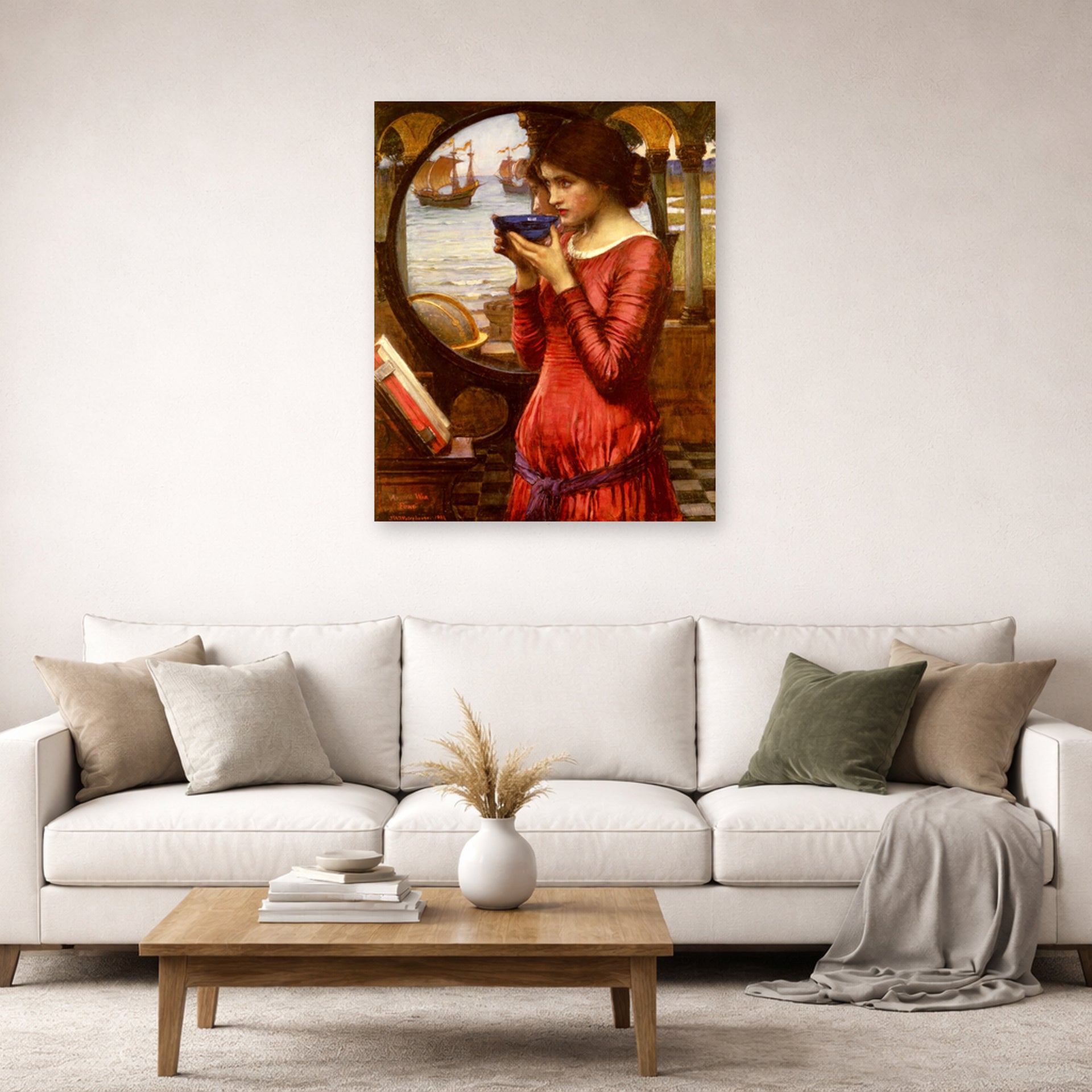 Unframed poster print of John William Waterhouse's Destiny displayed on a wall in a living room