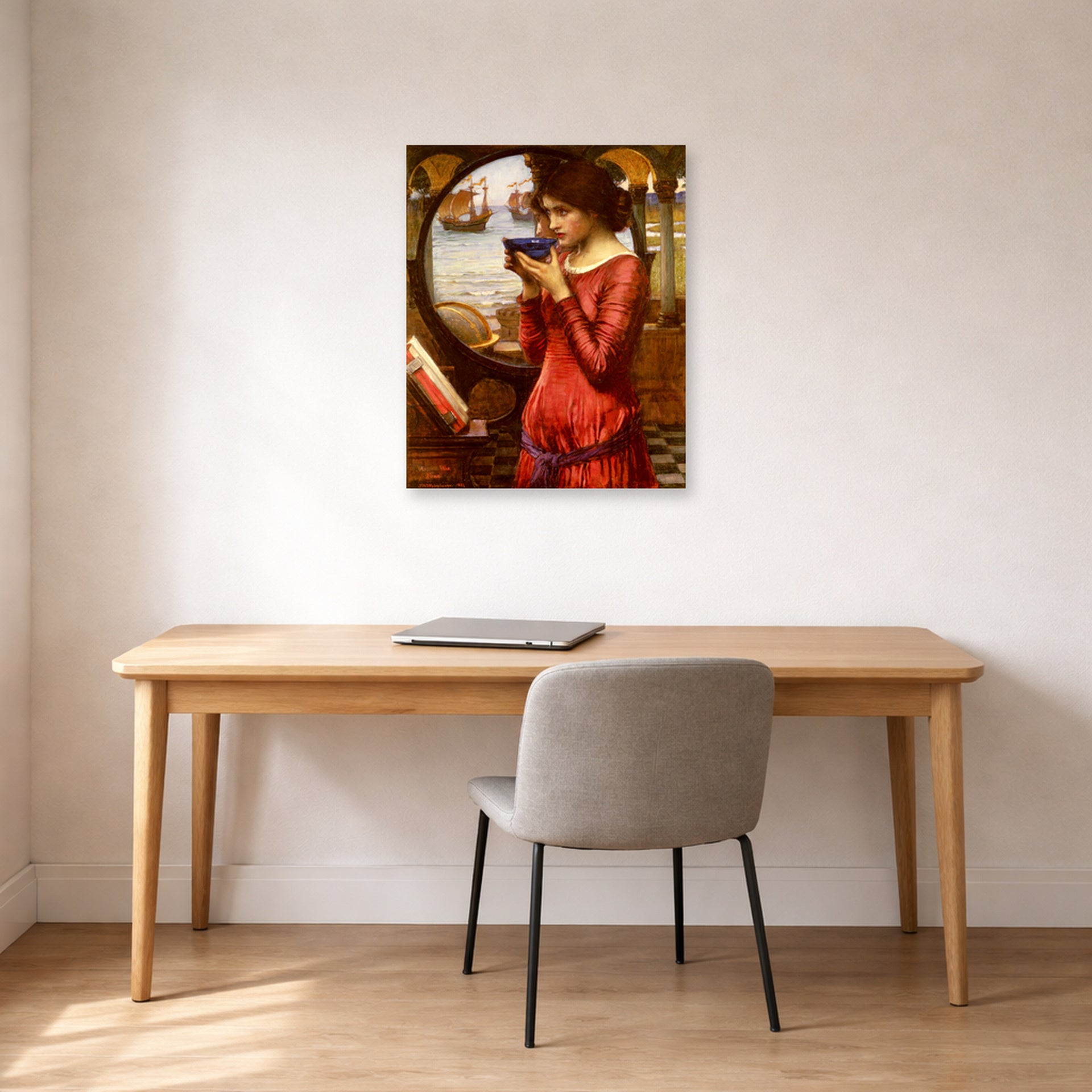 Unframed poster print of John William Waterhouse's Destiny displayed on a wall in a office