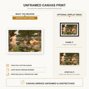 John William Waterhouse - Echo and Narcissus canvas print size comparison and framing display infographic
