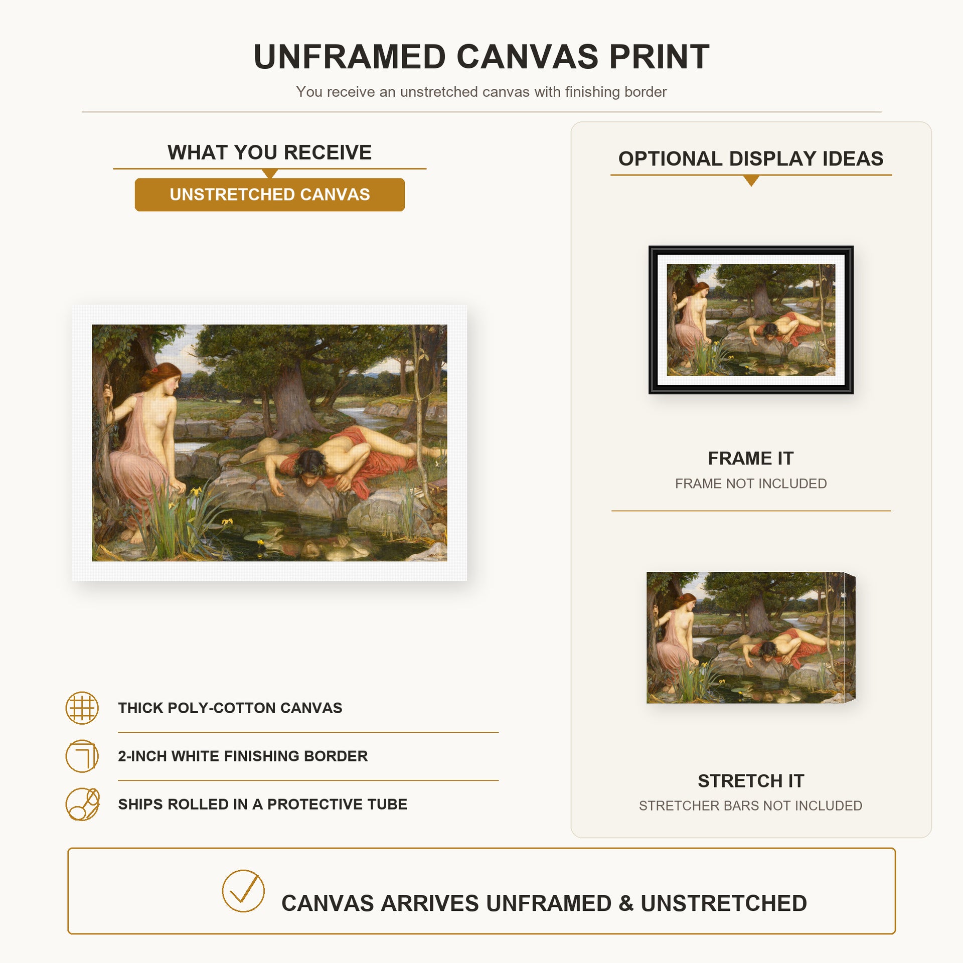 John William Waterhouse - Echo and Narcissus canvas print size comparison and framing display infographic