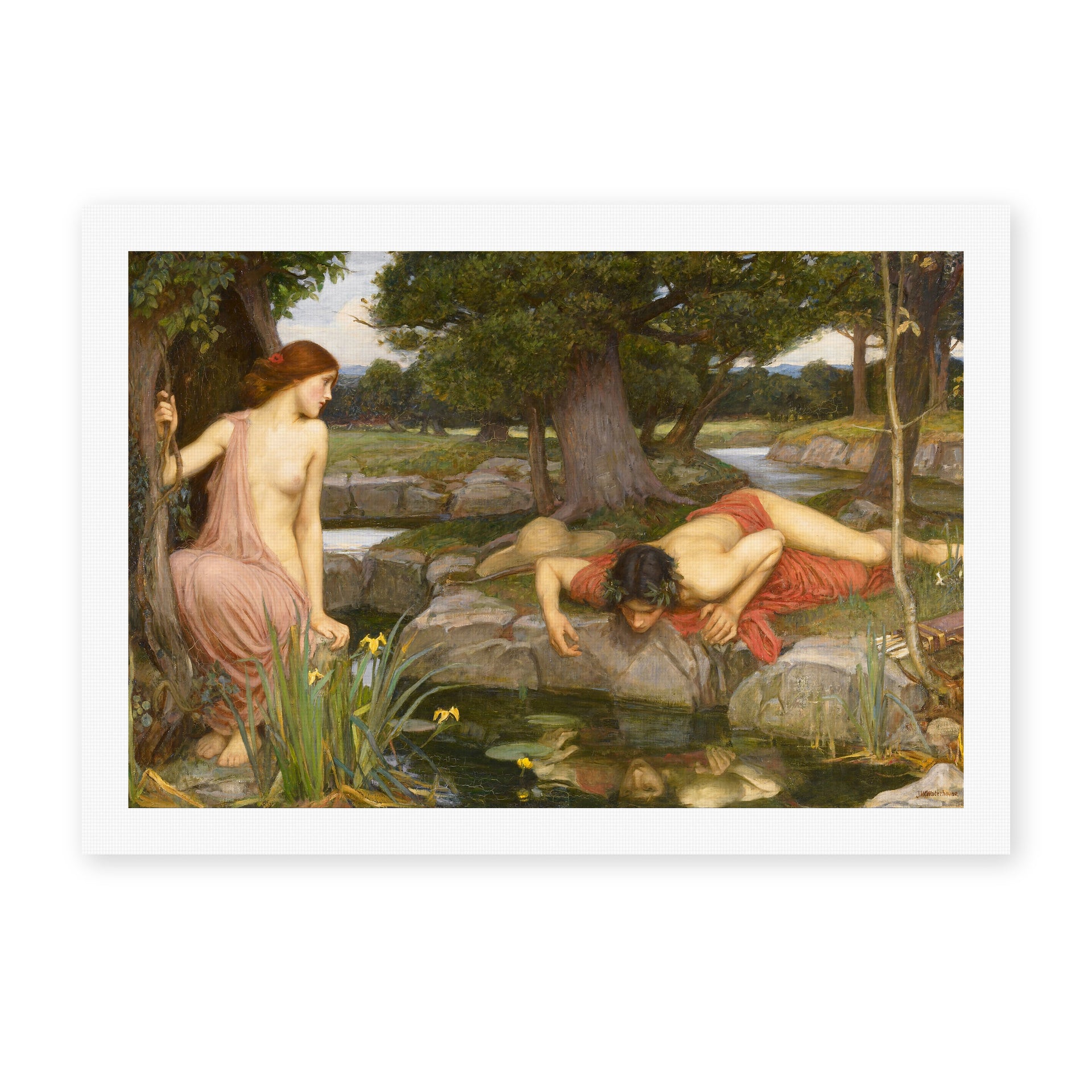 John William Waterhouse's 'Echo and Narcissus' painting reproduced as a rolled canvas print