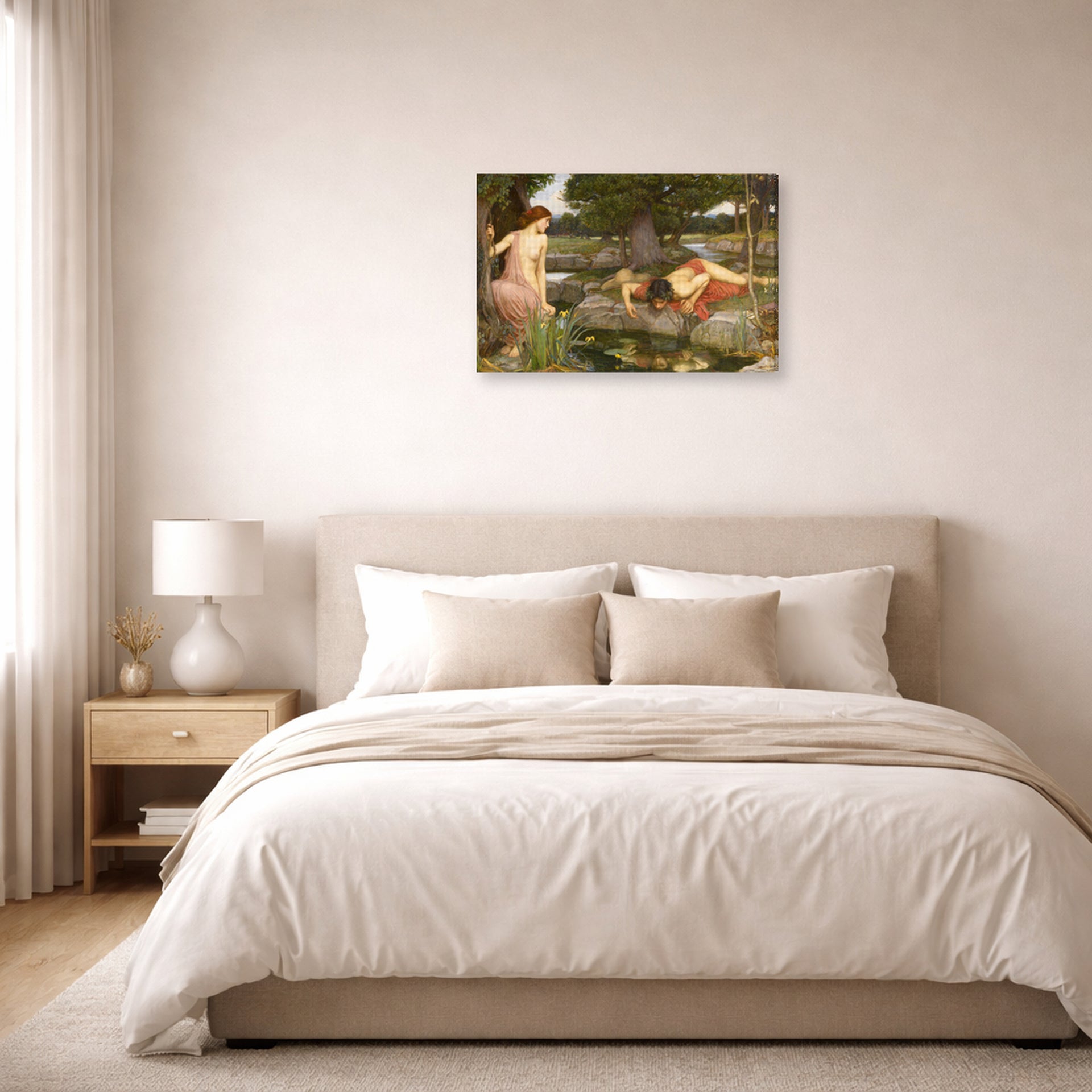 Gallery-wrapped canvas print of John William Waterhouse's Echo and Narcissus displayed on a wall in a bedroom