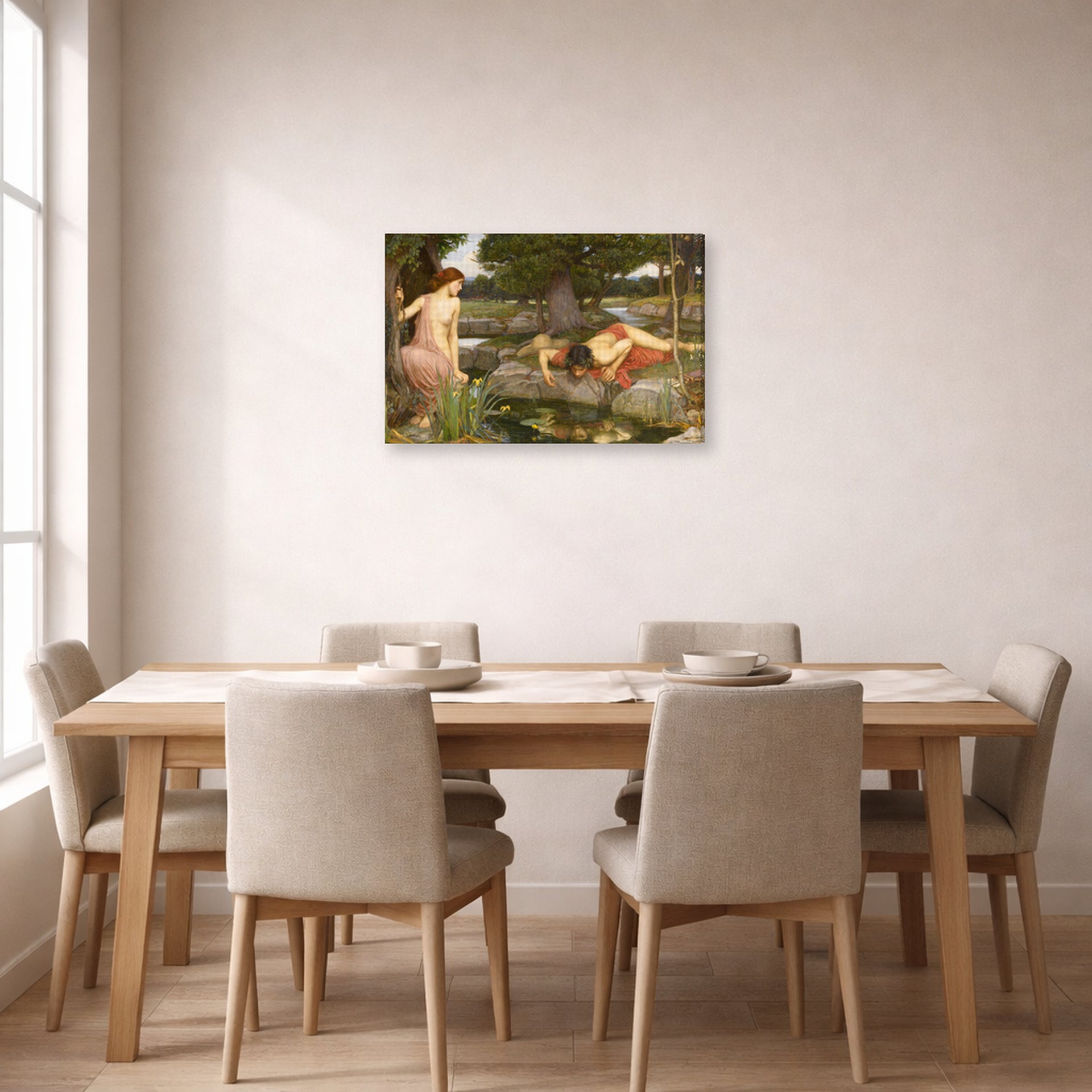 Gallery-wrapped canvas print of John William Waterhouse's Echo and Narcissus displayed on a wall in a dining room