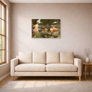 Gallery-wrapped canvas print of John William Waterhouse's Echo and Narcissus displayed on a wall in a living room
