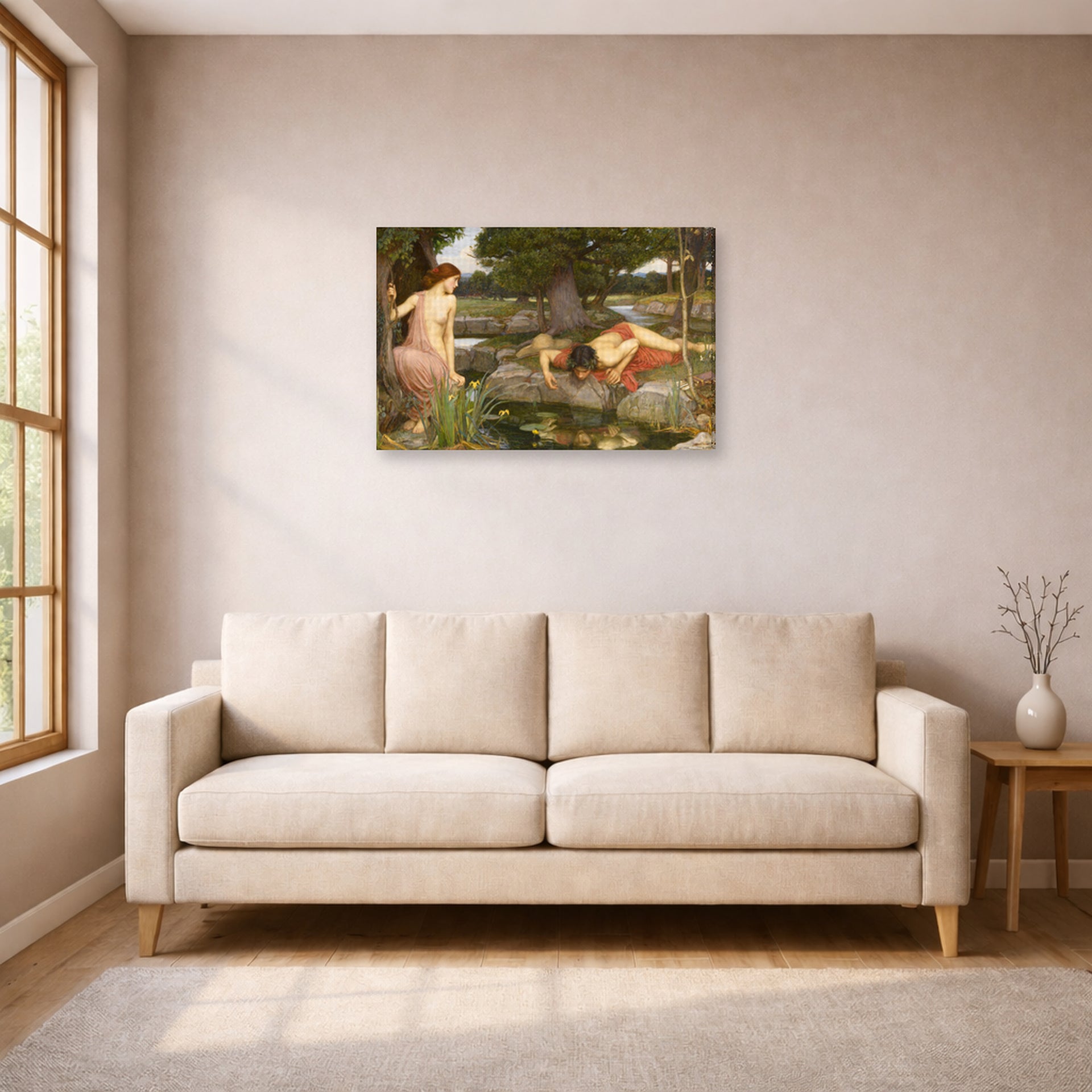 Gallery-wrapped canvas print of John William Waterhouse's Echo and Narcissus displayed on a wall in a living room