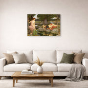Gallery-wrapped canvas print of John William Waterhouse's Echo and Narcissus displayed on a wall in a living room