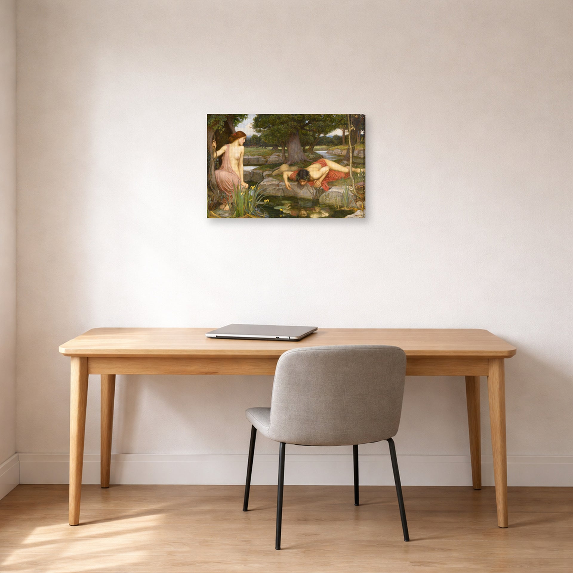 Gallery-wrapped canvas print of John William Waterhouse's Echo and Narcissus displayed on a wall in a office