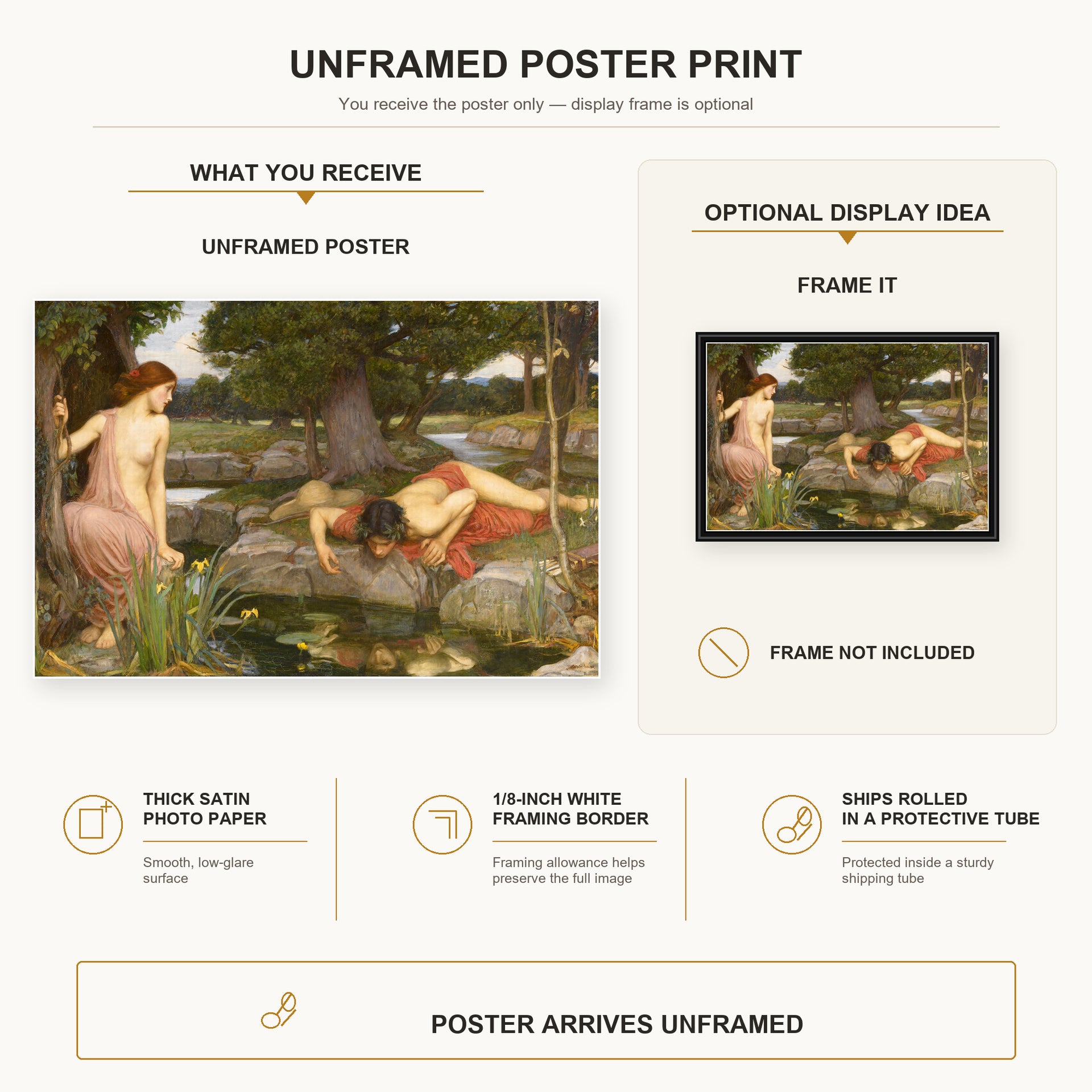 John William Waterhouse - Echo and Narcissus poster print size comparison and framing display infographic