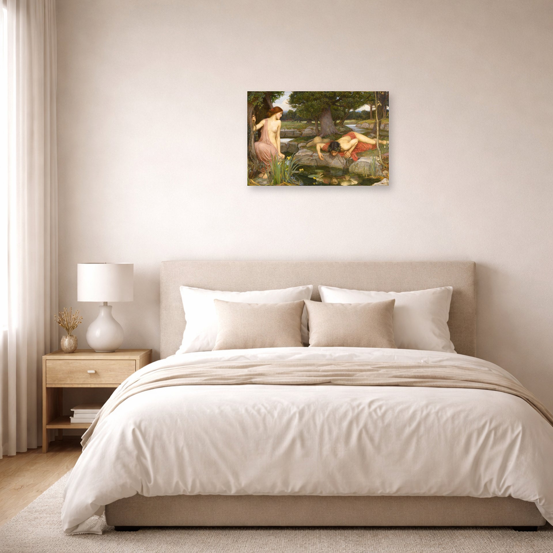 Unframed poster print of John William Waterhouse's Echo and Narcissus displayed on a wall in a bedroom