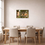 Unframed poster print of John William Waterhouse's Echo and Narcissus displayed on a wall in a dining room