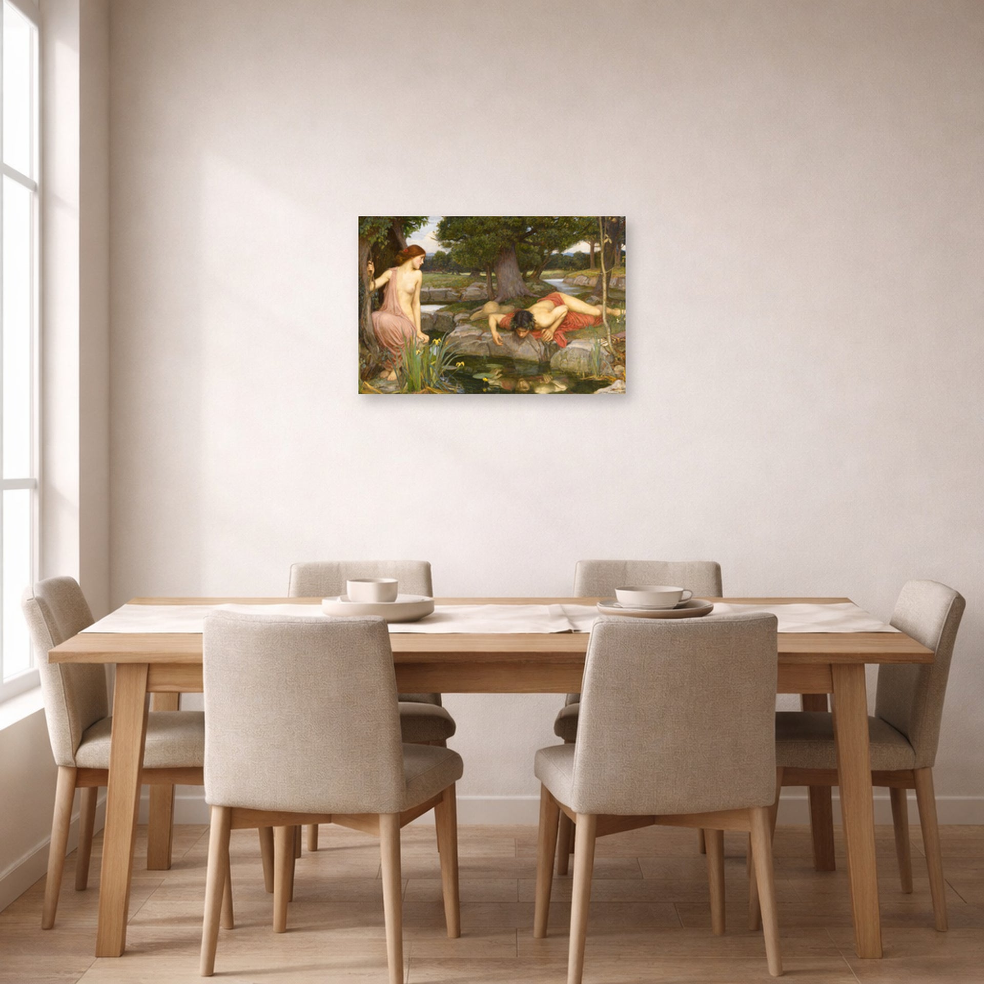 Unframed poster print of John William Waterhouse's Echo and Narcissus displayed on a wall in a dining room