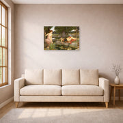 Unframed poster print of John William Waterhouse's Echo and Narcissus displayed on a wall in a living room
