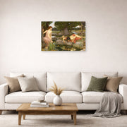 Unframed poster print of John William Waterhouse's Echo and Narcissus displayed on a wall in a living room