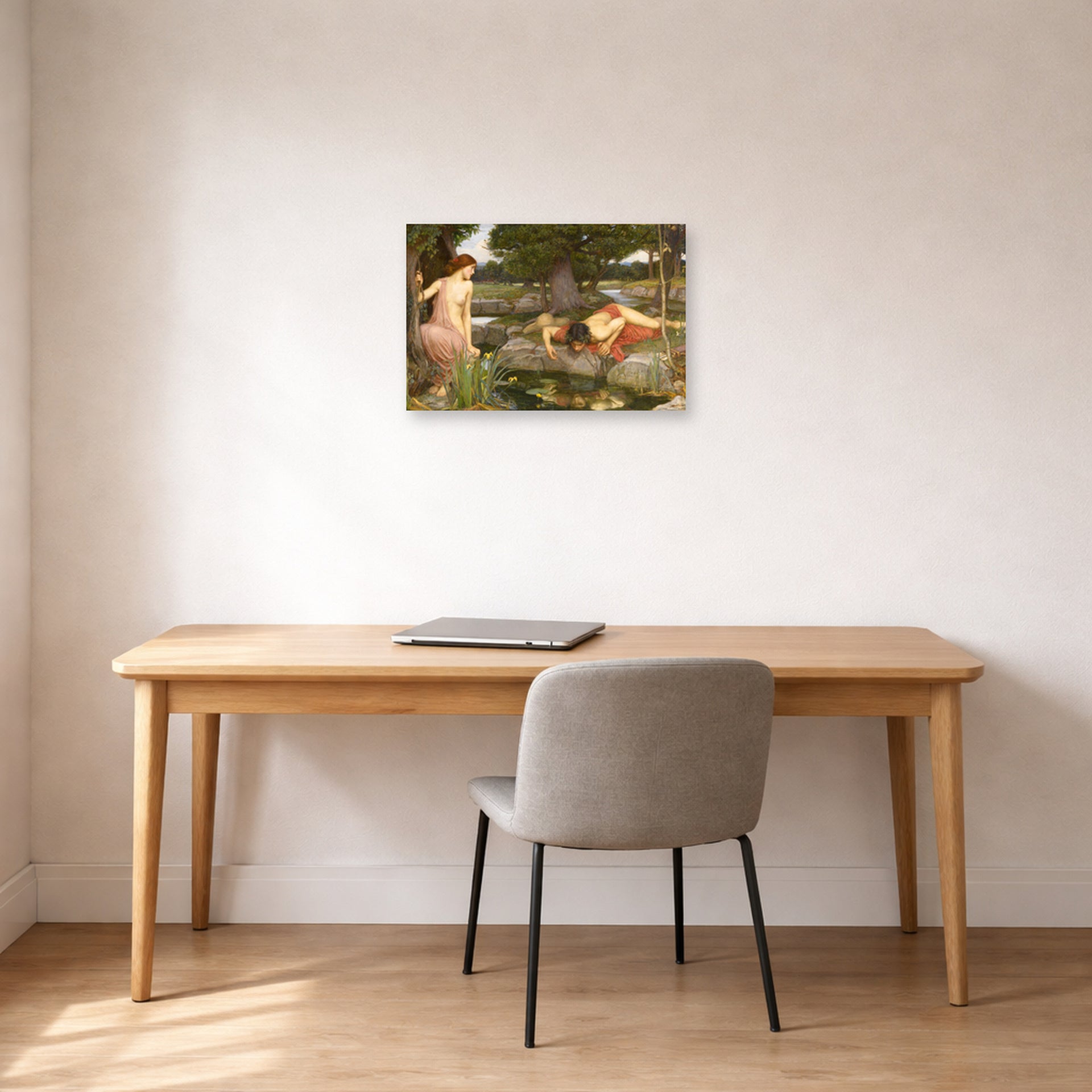 Unframed poster print of John William Waterhouse's Echo and Narcissus displayed on a wall in a office