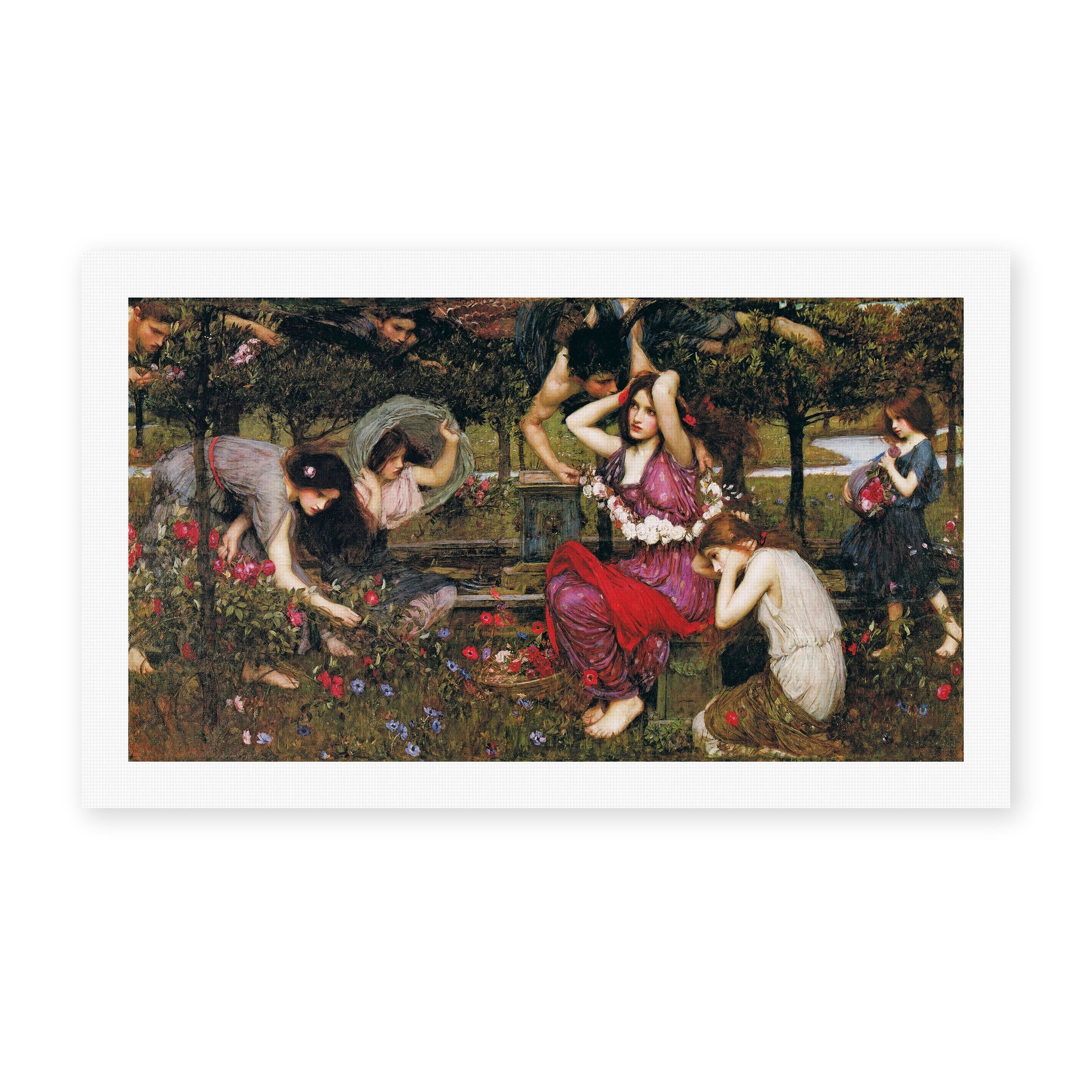John William Waterhouse's 'Flora and the Zephyrs' painting reproduced as a rolled canvas print