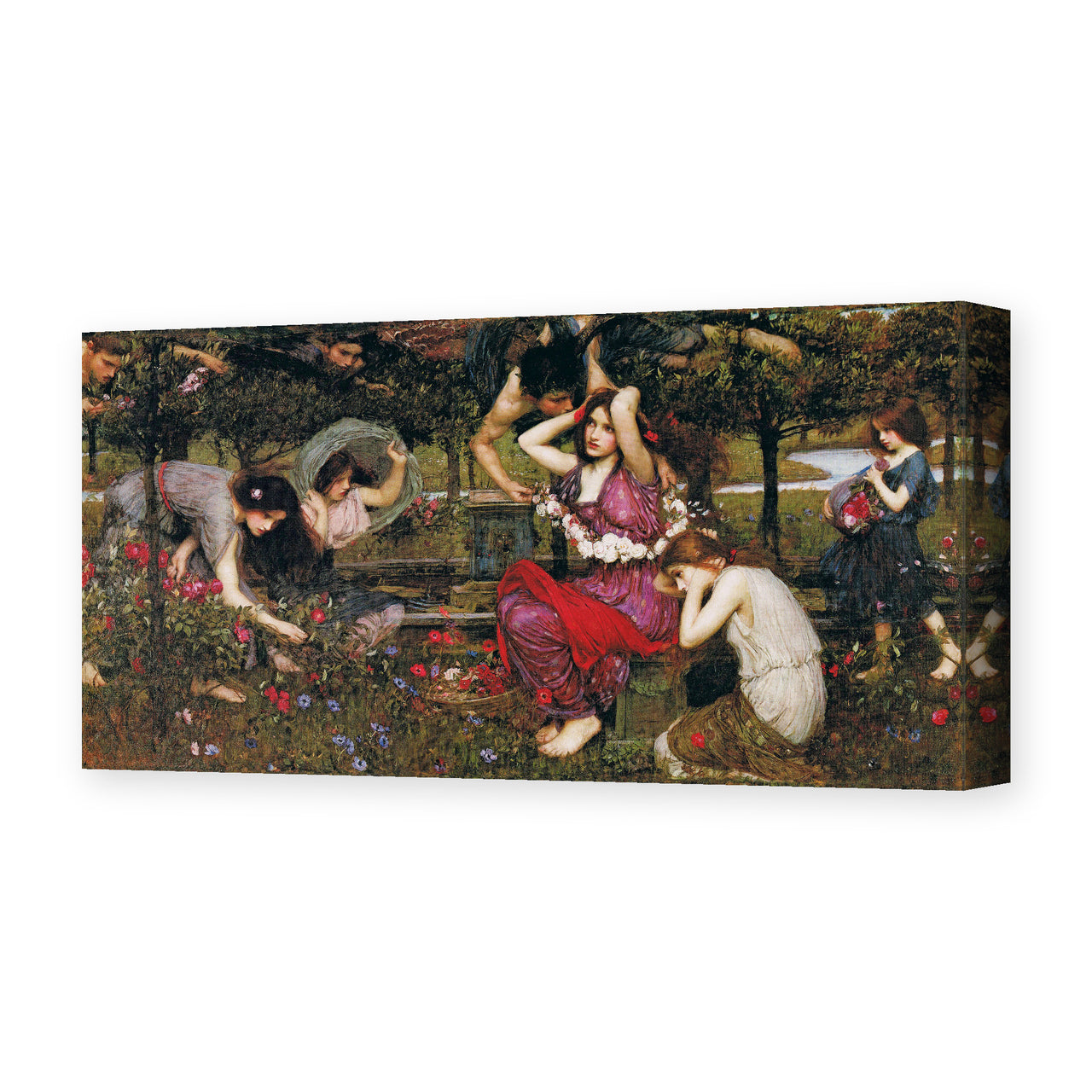 John William Waterhouse's 'Flora and the Zephyrs' painting reproduced as a gallery-wrapped canvas print