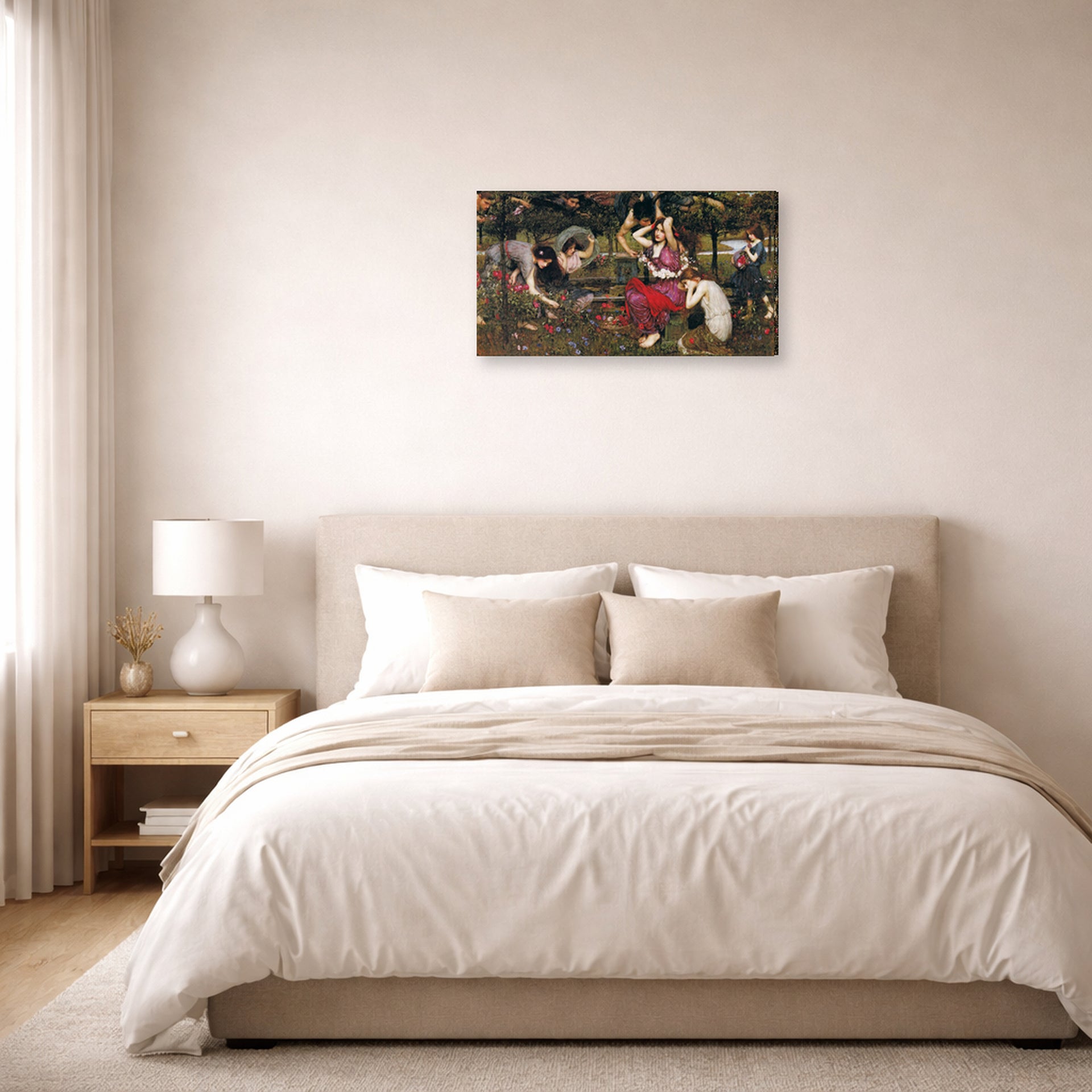 Gallery-wrapped canvas print of John William Waterhouse's Flora and the Zephyrs displayed on a wall in a bedroom
