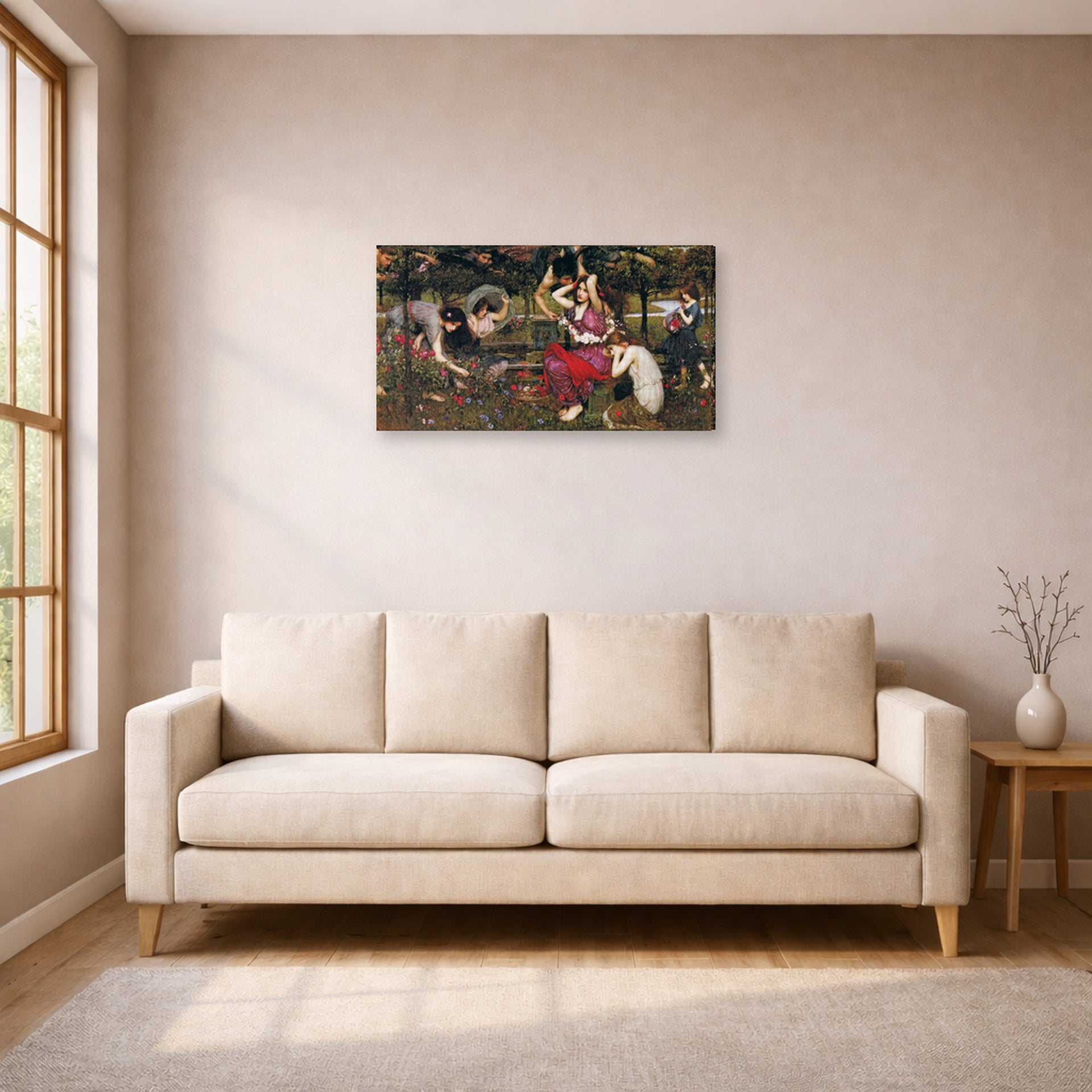 Gallery-wrapped canvas print of John William Waterhouse's Flora and the Zephyrs displayed on a wall in a living room