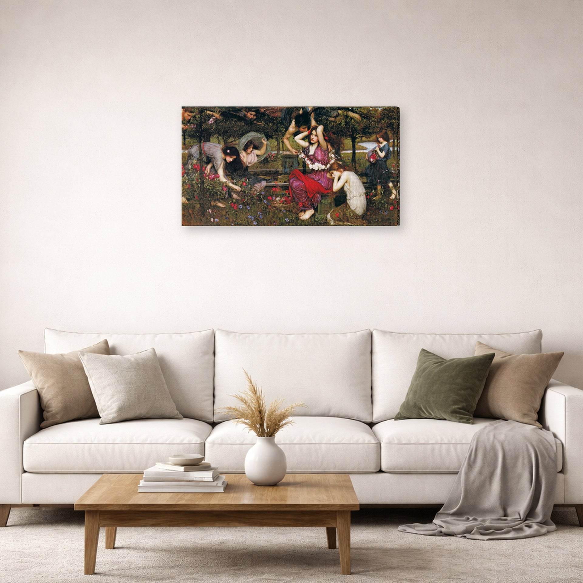 Gallery-wrapped canvas print of John William Waterhouse's Flora and the Zephyrs displayed on a wall in a living room