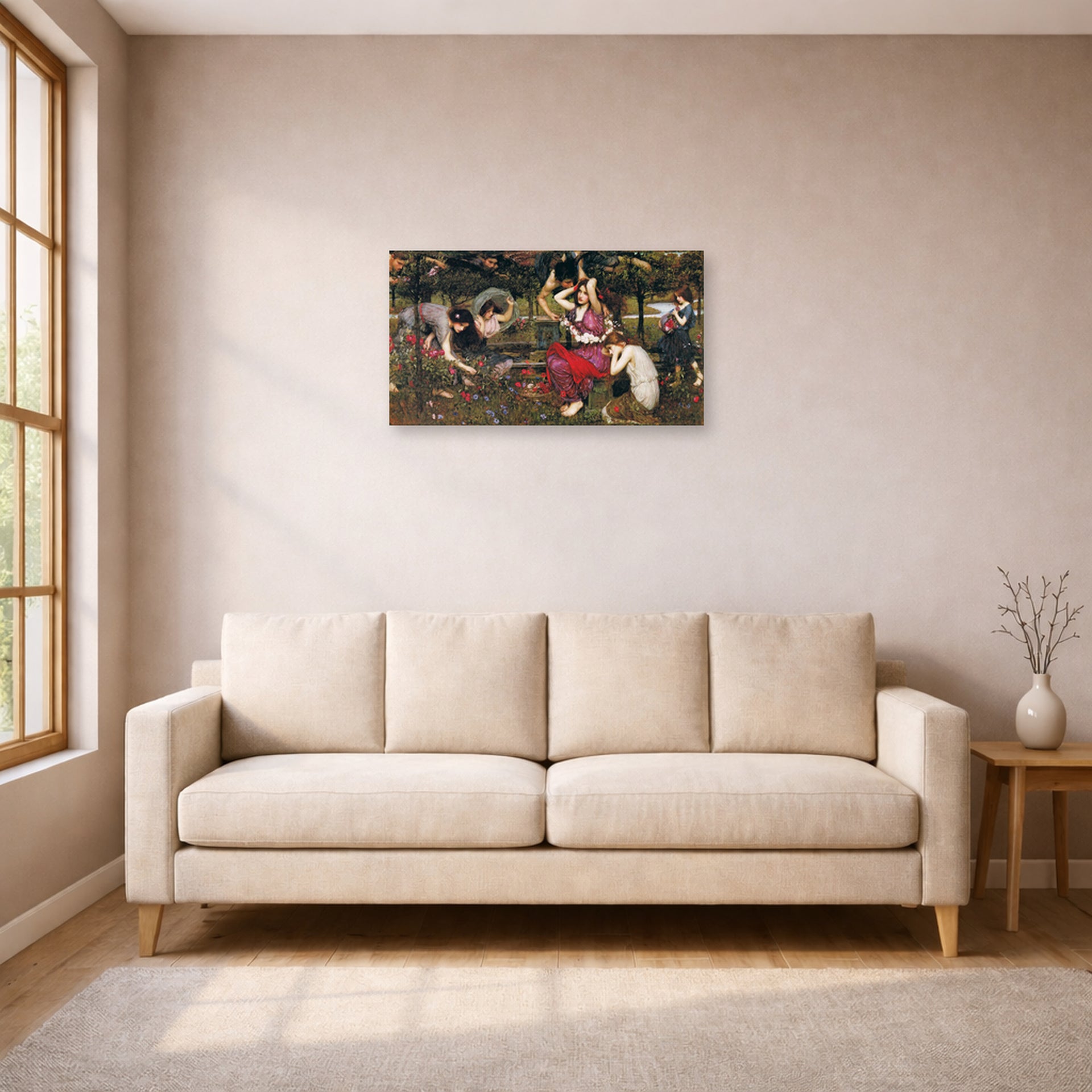 Unframed poster print of John William Waterhouse's Flora and the Zephyrs displayed on a wall in a living room