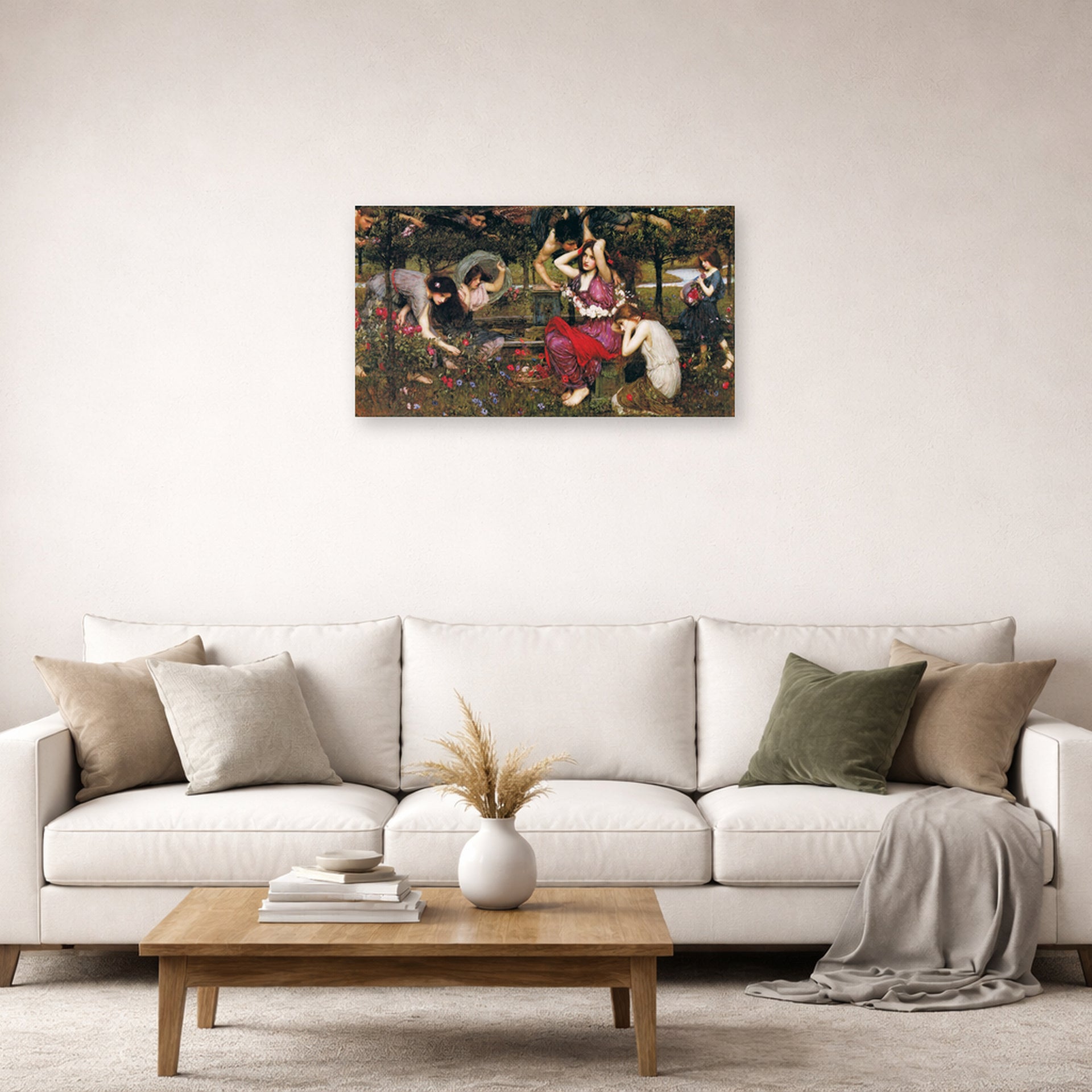 Unframed poster print of John William Waterhouse's Flora and the Zephyrs displayed on a wall in a living room