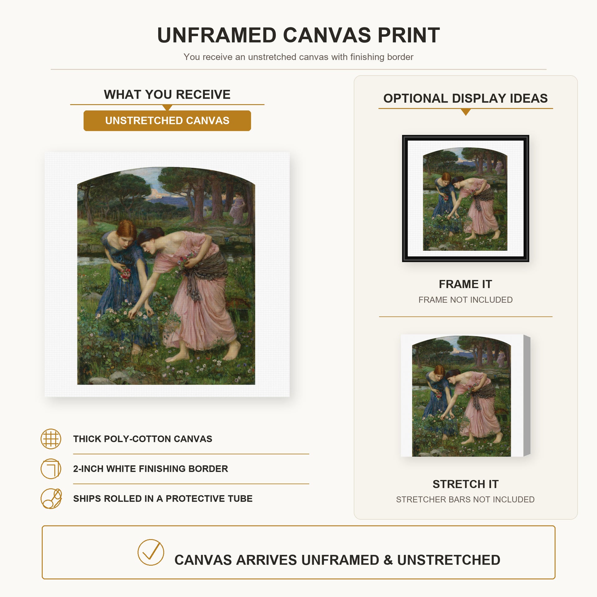 John William Waterhouse - Gather Ye Rosebuds While Ye May canvas print size comparison and framing display infographic