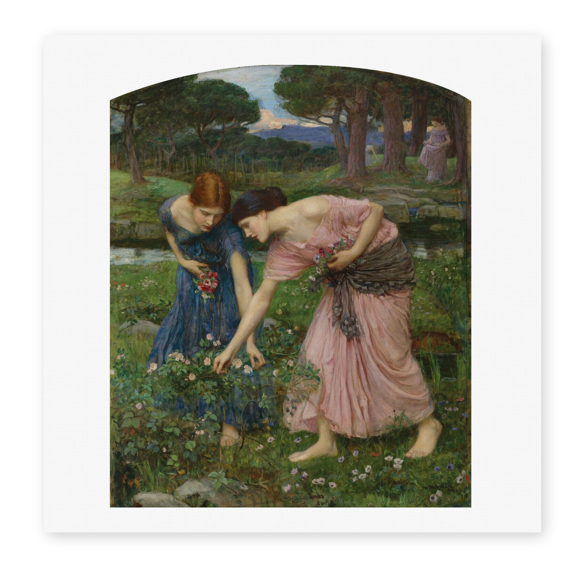 John William Waterhouse's 'Gather Ye Rosebuds While Ye May' painting reproduced as a rolled canvas print