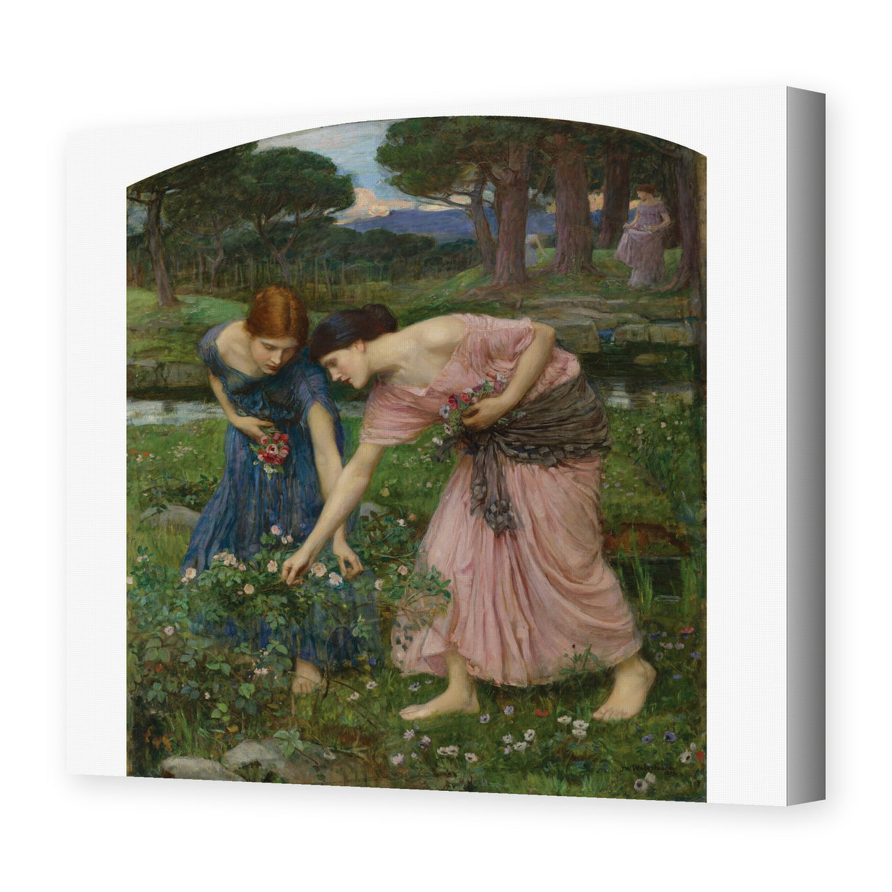 John William Waterhouse's 'Gather Ye Rosebuds While Ye May' painting reproduced as a gallery-wrapped canvas print