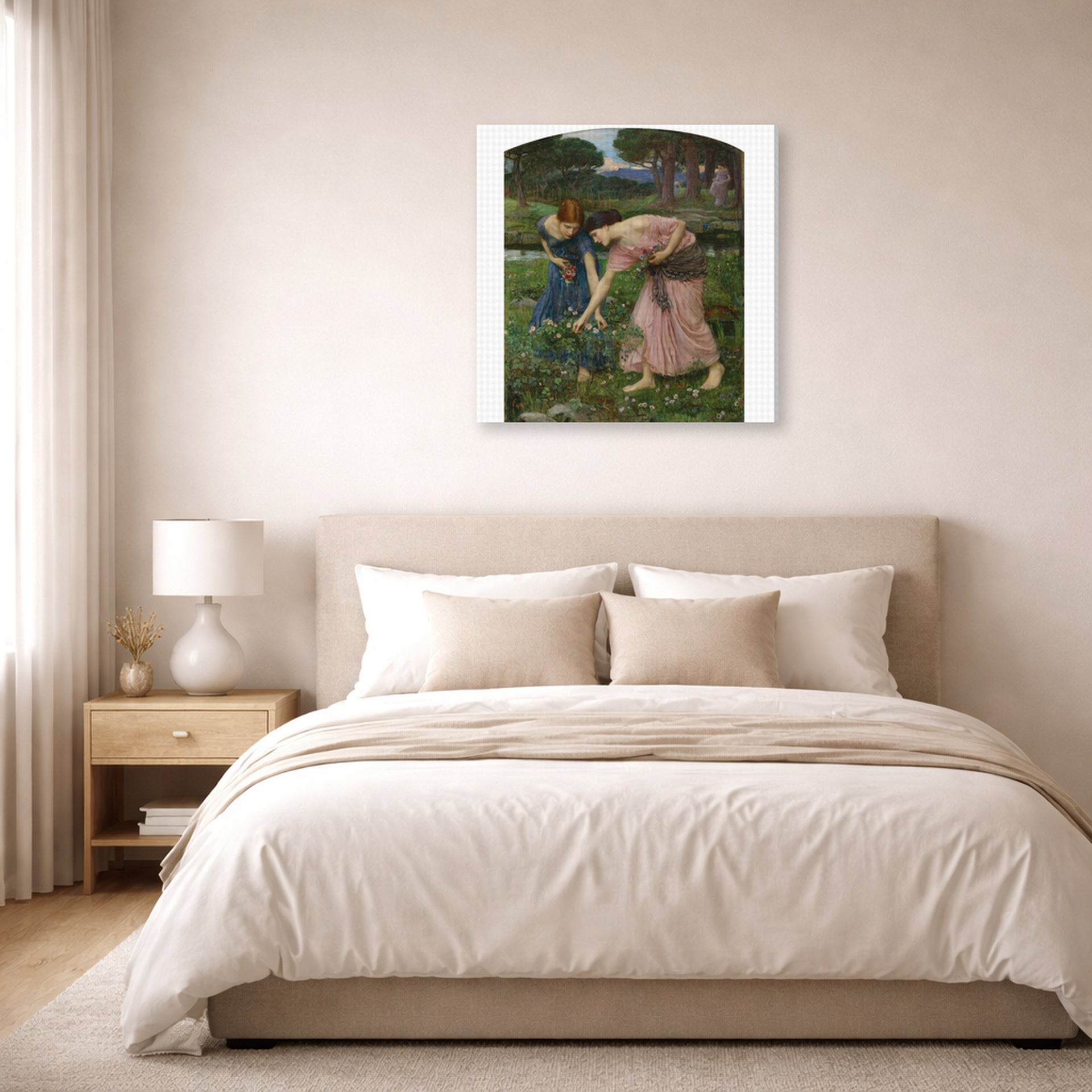 Gallery-wrapped canvas print of John William Waterhouse's Gather Ye Rosebuds While Ye May displayed on a wall in a bedroom