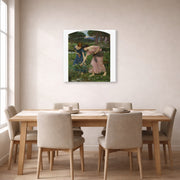 Gallery-wrapped canvas print of John William Waterhouse's Gather Ye Rosebuds While Ye May displayed on a wall in a dining room
