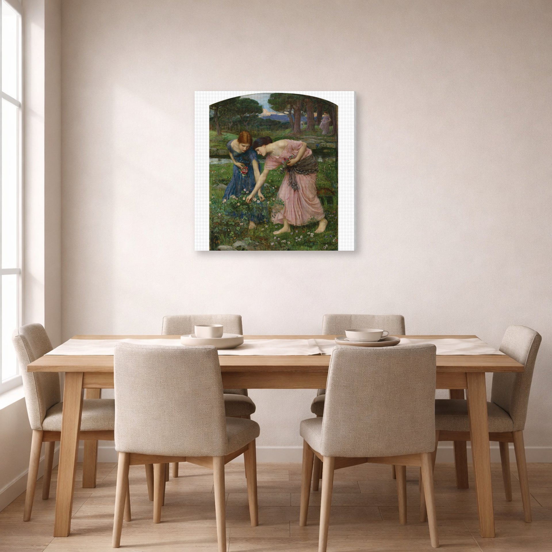 Gallery-wrapped canvas print of John William Waterhouse's Gather Ye Rosebuds While Ye May displayed on a wall in a dining room