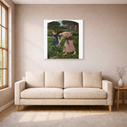 Gallery-wrapped canvas print of John William Waterhouse's Gather Ye Rosebuds While Ye May displayed on a wall in a living room