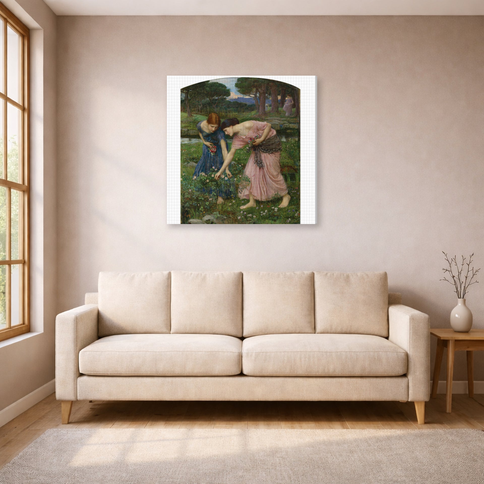 Gallery-wrapped canvas print of John William Waterhouse's Gather Ye Rosebuds While Ye May displayed on a wall in a living room